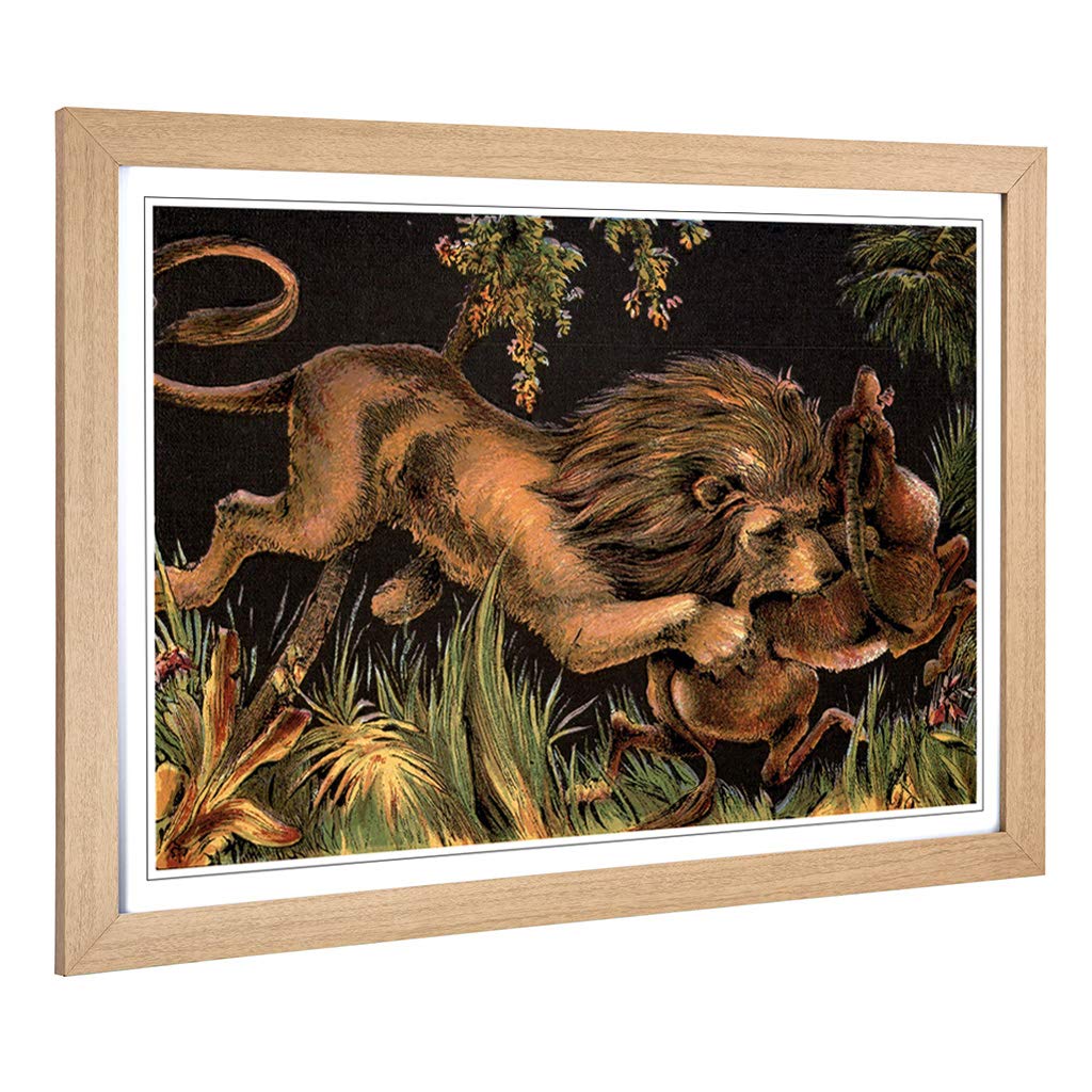 Big Box Art Framed Print of Vintage 1880 Lion & Prey Design | Wall Art Picture | Home Decor for Kitchen, Living Room, Bedroom, Hallway, Oak, A2 / 24.5x18 Inch / 62x45cm
