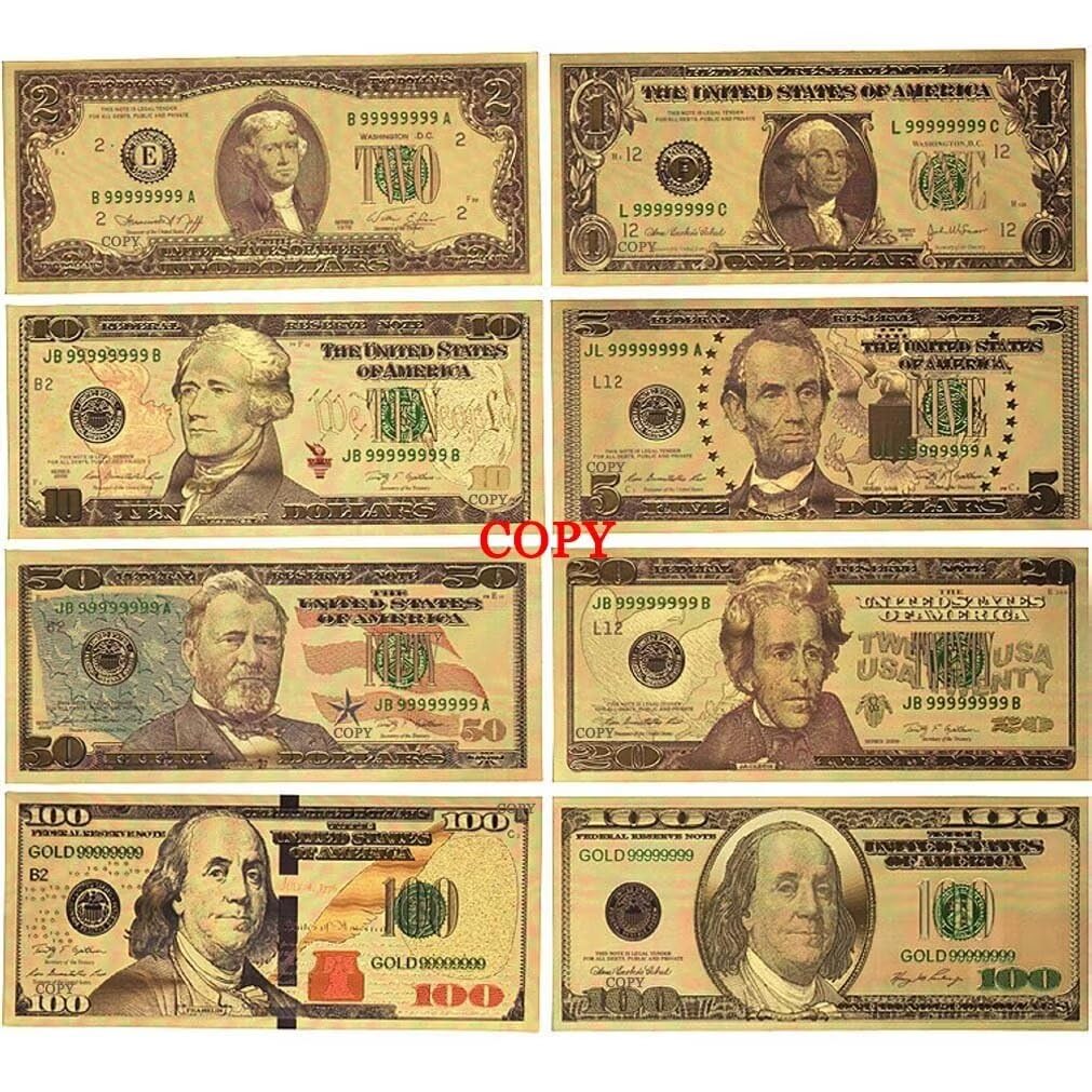 YIQILAFADA Lot de 8 billets de 100 dollars en feuille d'or 100/50/20/10/5/2/1