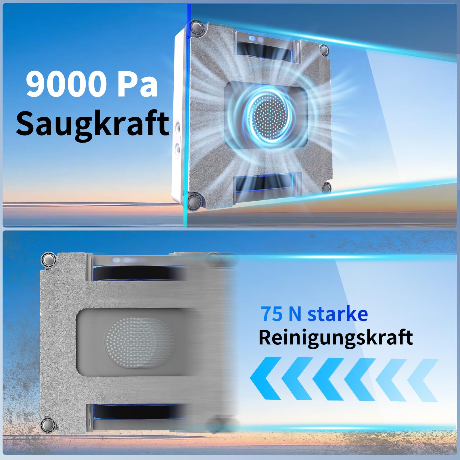 Fensterputzroboter,9000Pa Saugkraft&75N Reinigungskraft,mit 4 Wasser-Sprühdüsen,unterstützt 5 Reinigungsmodi&Fernbedienung, Fensterroboter Nassreinigung von gerahmten & rahmenlosen Fenstern