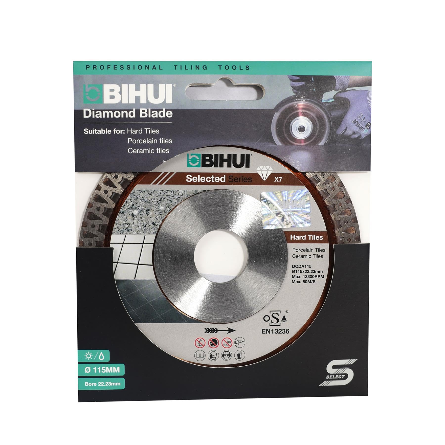 BIHUI B-Master - Disco de corte de diamante de 115 mm para azulejos y gres porcelánico, orificio de 22,23 mm