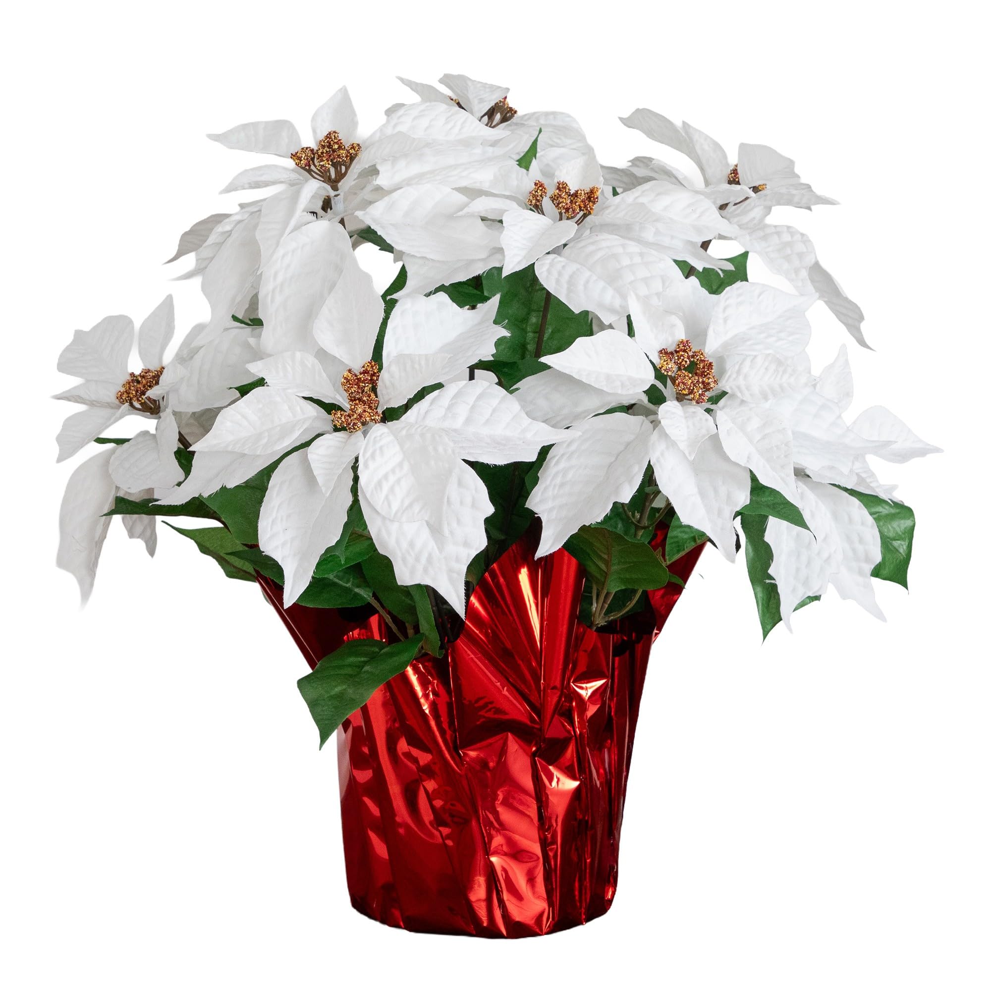 Nearly Natural 19in. Artificial White Poinsettia in Red Wrapped Planter