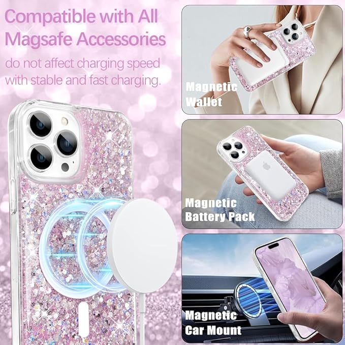 ZIYE Designed for iPhone 15 Pro Case Magnetic Glitter-6.1 Inch Bling Cases for Women Girls Sparkle Luxury Shiny Cute Compatible with MagSafe Soft TPU Slim Shockproof Protective Phone Cover