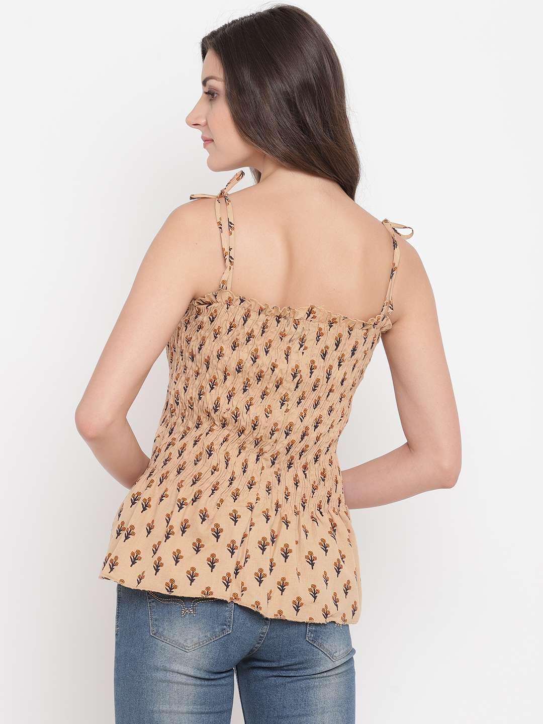 Bigdave Women's Rayon Elephant Print Casual Summer Style Tie Shoulder Straps Free Size Tank Top (Brown Beige)