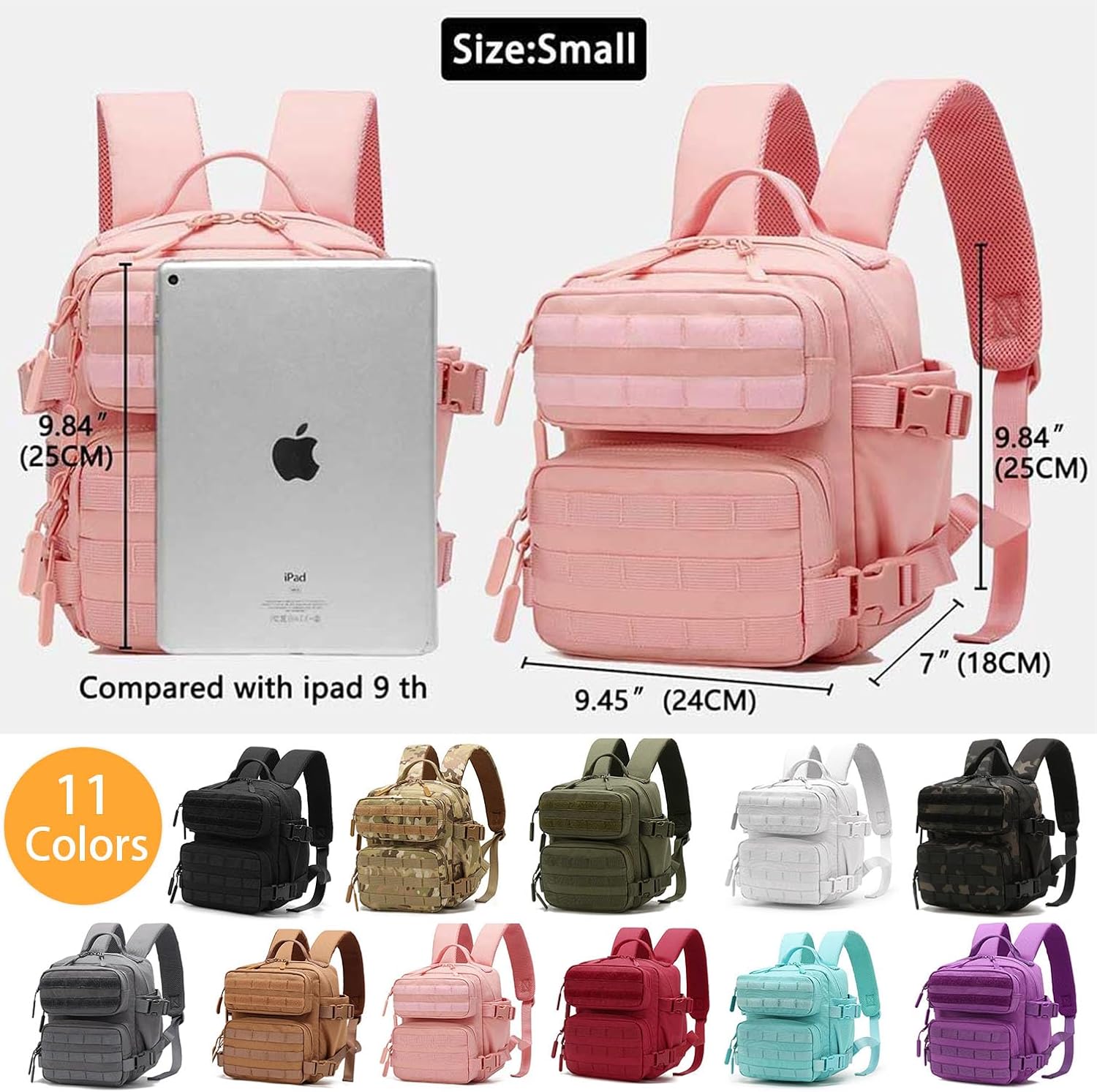 Mini Tactical Backpack for Women, Small Gym Backpack 9L Molle Bag for Woman of Travel, Camping Hiking Sports Running(Pink)