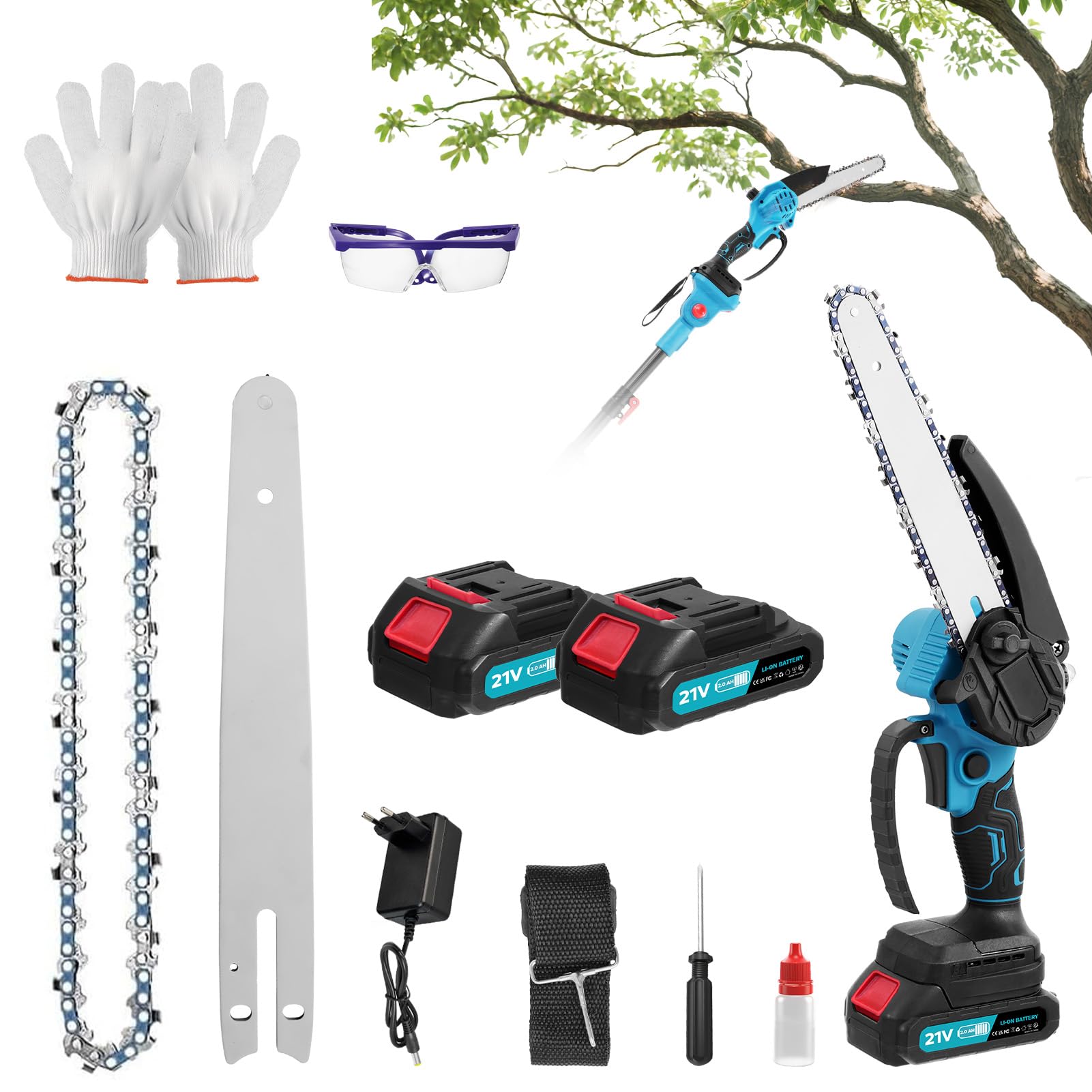 Élagueuse sans fil 21 V - 2 en 1 - Mini tronçonneuse et télescope avec panthème, batterie de 1500 mAh - Hauteur de travail jusqu'à 6,7 m - Tronçonneuse manuelle sans fil - Pour couper les arbres