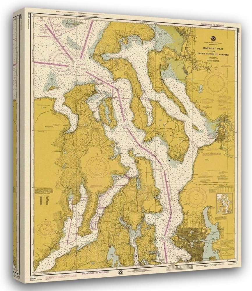 ArtDirect Nautical Chart - Admiralty Inlet & Puget Sound to Seattle ca. 1975 Sepia Tinted framed art Print Giclee Print, Canvas Options with Various Sizes by NOAA Historical Map & Chart Collection