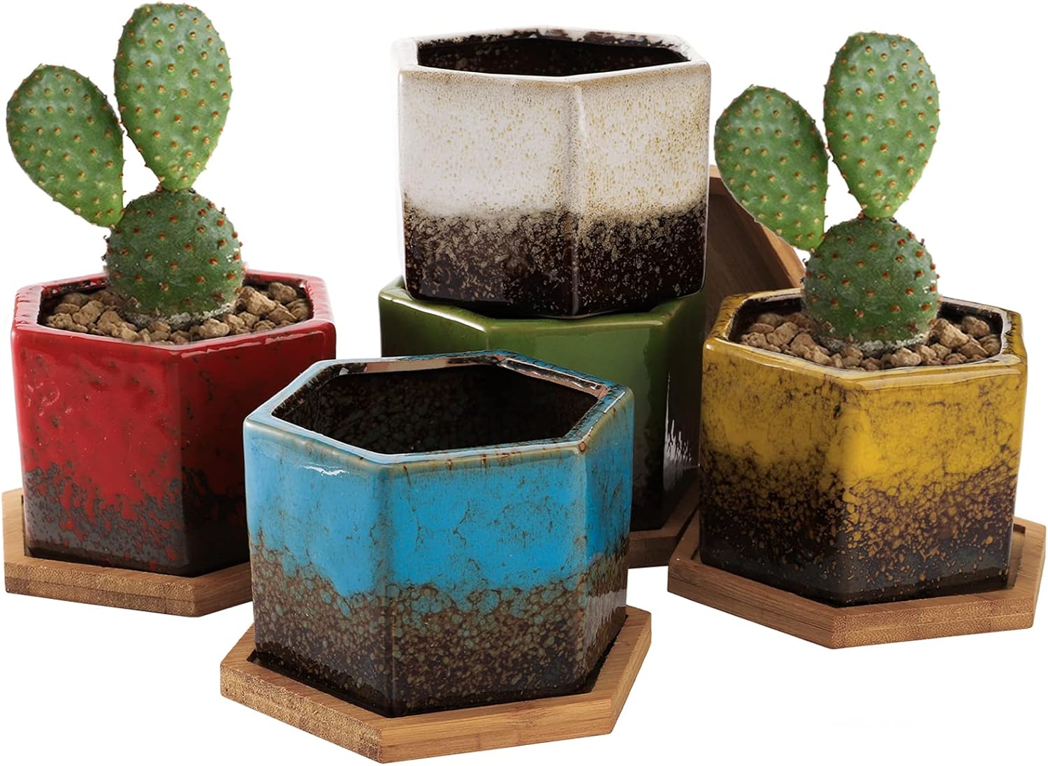 TOPZEA Set of 5 Succulent Planter Pots, 4.2 Inch Hexagon Glazed Ceramic Small Cactus Pot, Geometric Mini Flower Plant Container with Drainage Hole & Bamboo Tray for Home, Office, Windowsill, Desk
