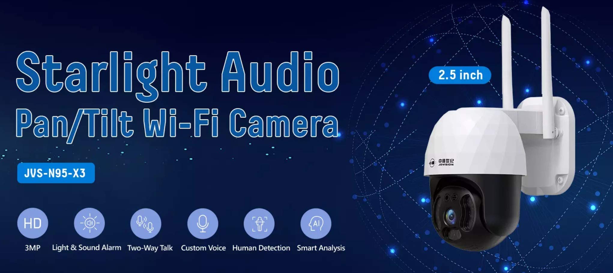 JOVISION JVS-N95-X3 Smart 2.5 Inch 3.0MP Starlight Audio Pan/Tilt Wi-Fi Camera, 3 Mega Pixel ONVIF Mini PTZ IP Camera, CCTV, Audio, Dual Light, Auto Tracking, Night Vision, P2P, Mobile APP