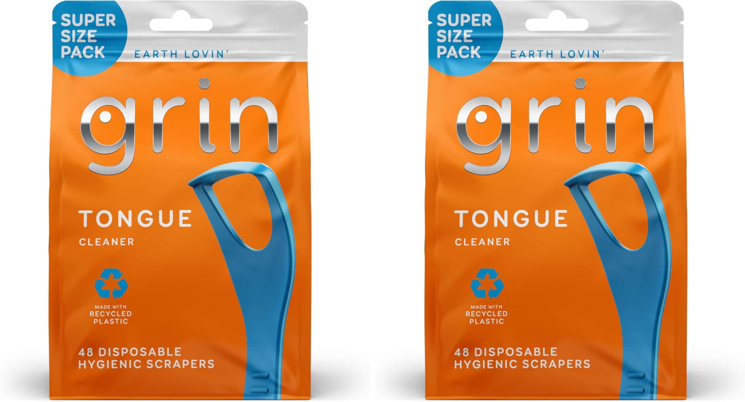 GRIN Tongue Cleaner, 48 Count, Disposable Tongue Cleaner, Hygienic Scraper, Recycled Plastic, Clean Tongue, Promote Fresh Breath, Includes Safe Fold- Back Tooth Pick (Pack of 2)