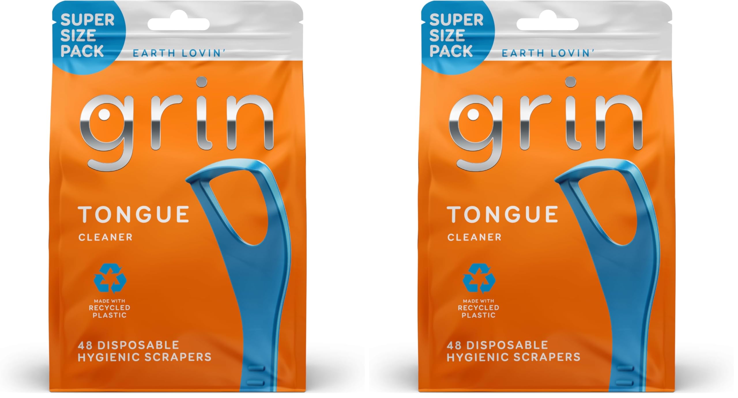GRIN Tongue Cleaner, 48 Count, Disposable Tongue Cleaner, Hygienic Scraper, Recycled Plastic, Clean Tongue, Promote Fresh Breath, Includes Safe Fold- Back Tooth Pick (Pack of 2)