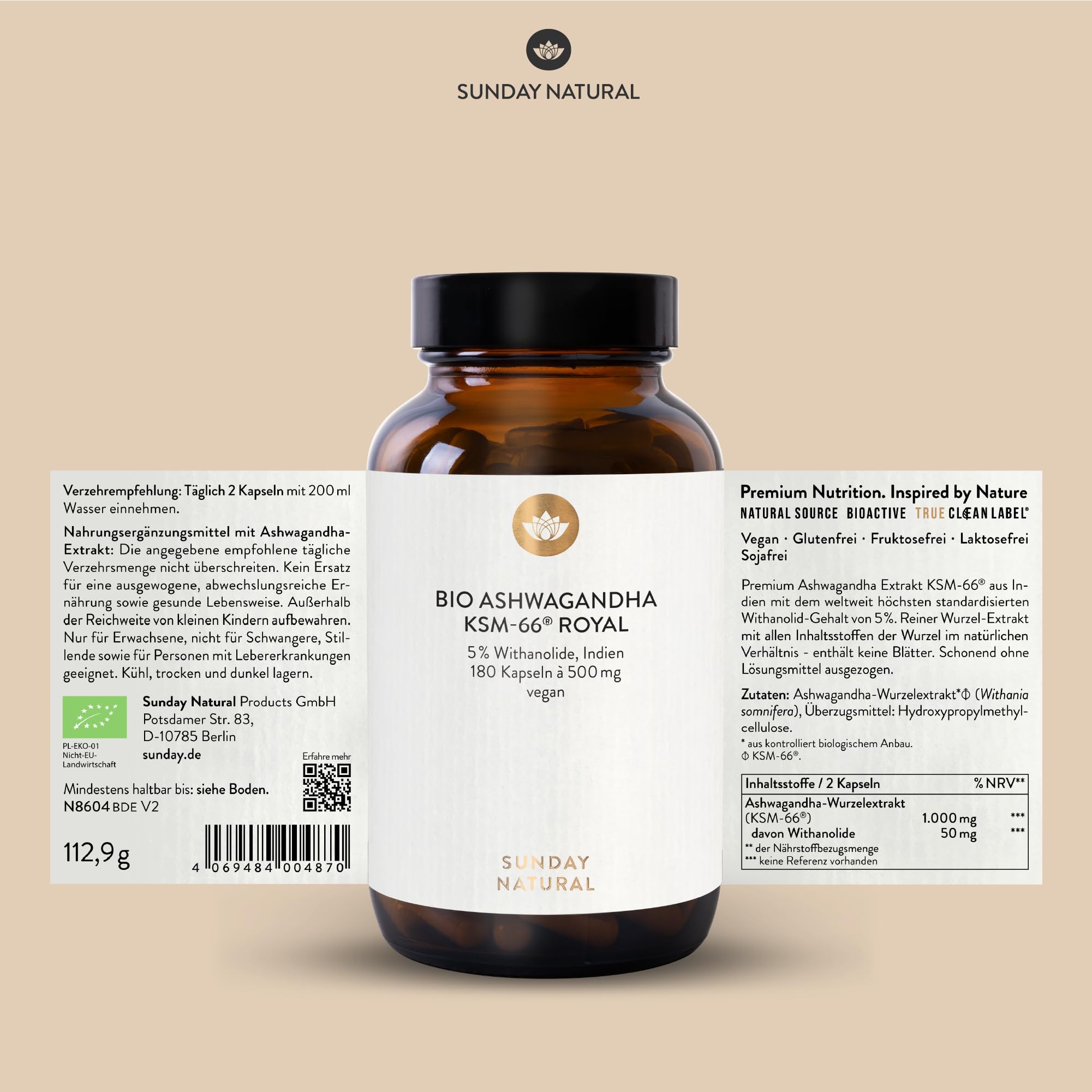 SUNDAY NATURAL® Bio Ashwagandha Kapseln - Premiumrohstoff KSM-66® – 180 Kapseln - 1.000mg Wurzelextrakt mit 50mg Withanoliden (5%) pro Tagesdosis – Ashwaganda aus Indien