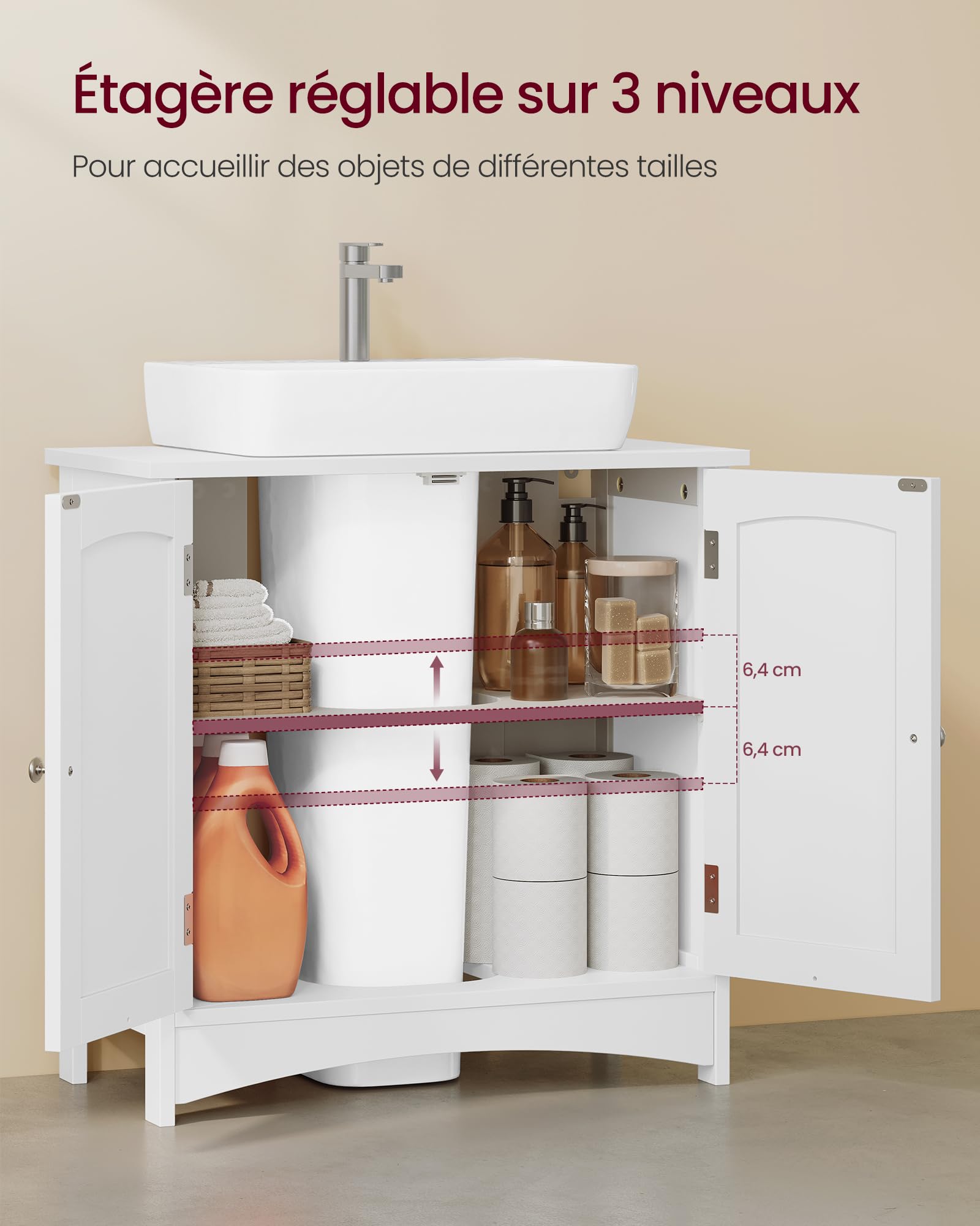 VASAGLE Meuble sous Lavabo, avec 2 Portes, Meuble sous Vasque, Étagère Réglable, Beaucoup d’Espace de Rangement, Style Campagne, 30 x 60 x 60 cm, Blanc Nuage BBC100WH01
