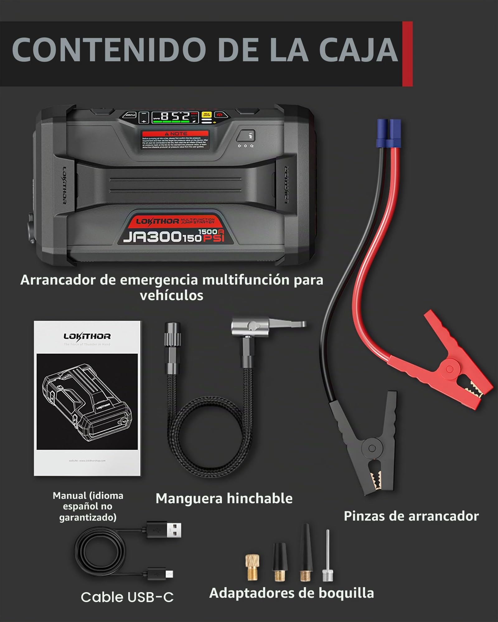 LOKITHOR JA300 Arrancador de Coche 1500A con Compresor 150 PSI | Compresor de Aire de 150 PSI y Pantalla Digital, para Motores de Gasolina 7,0L y Diésel 4,5L
