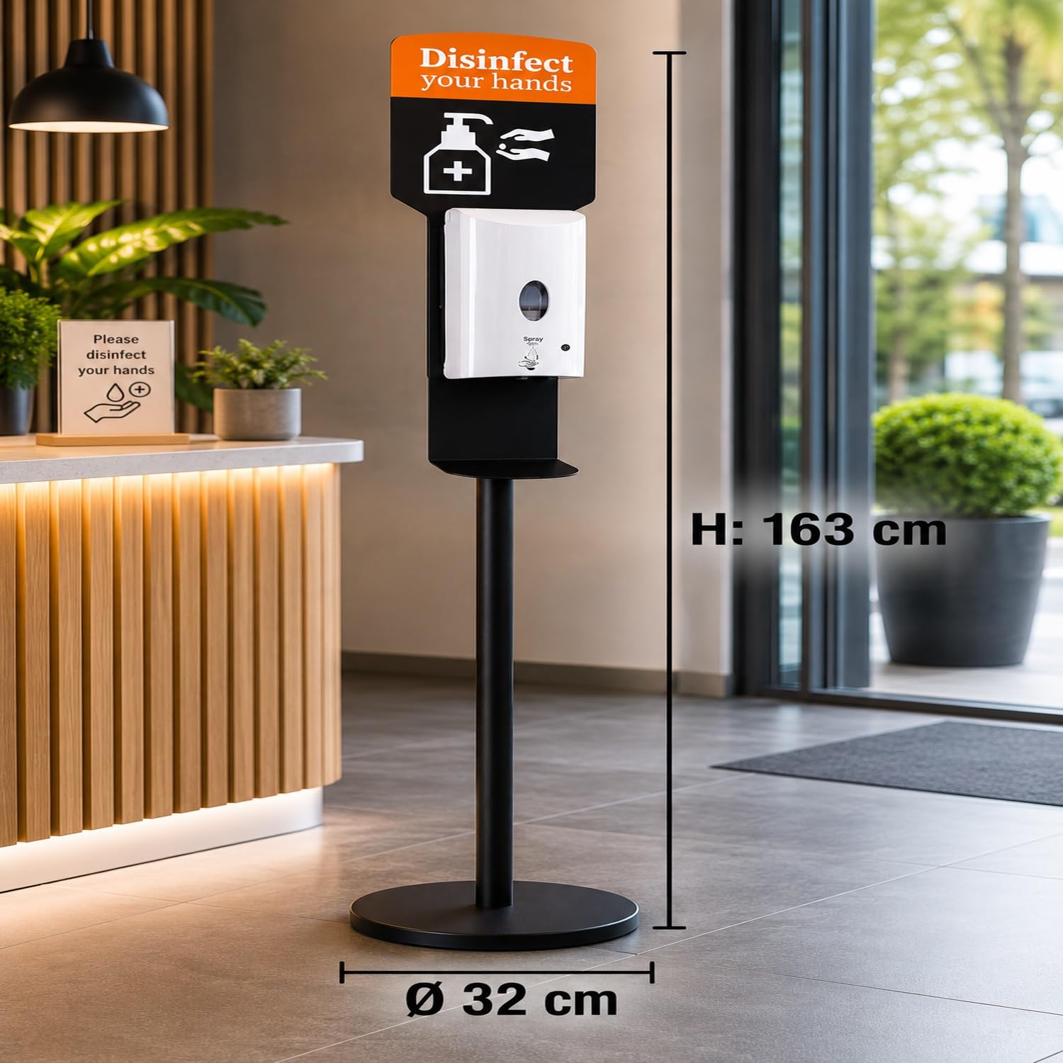 APS 98250 Desinfektionsständer/Desinfektionsmittelspender Metall, Schwarz, 32cm Durchmesser, 163cm Höhe