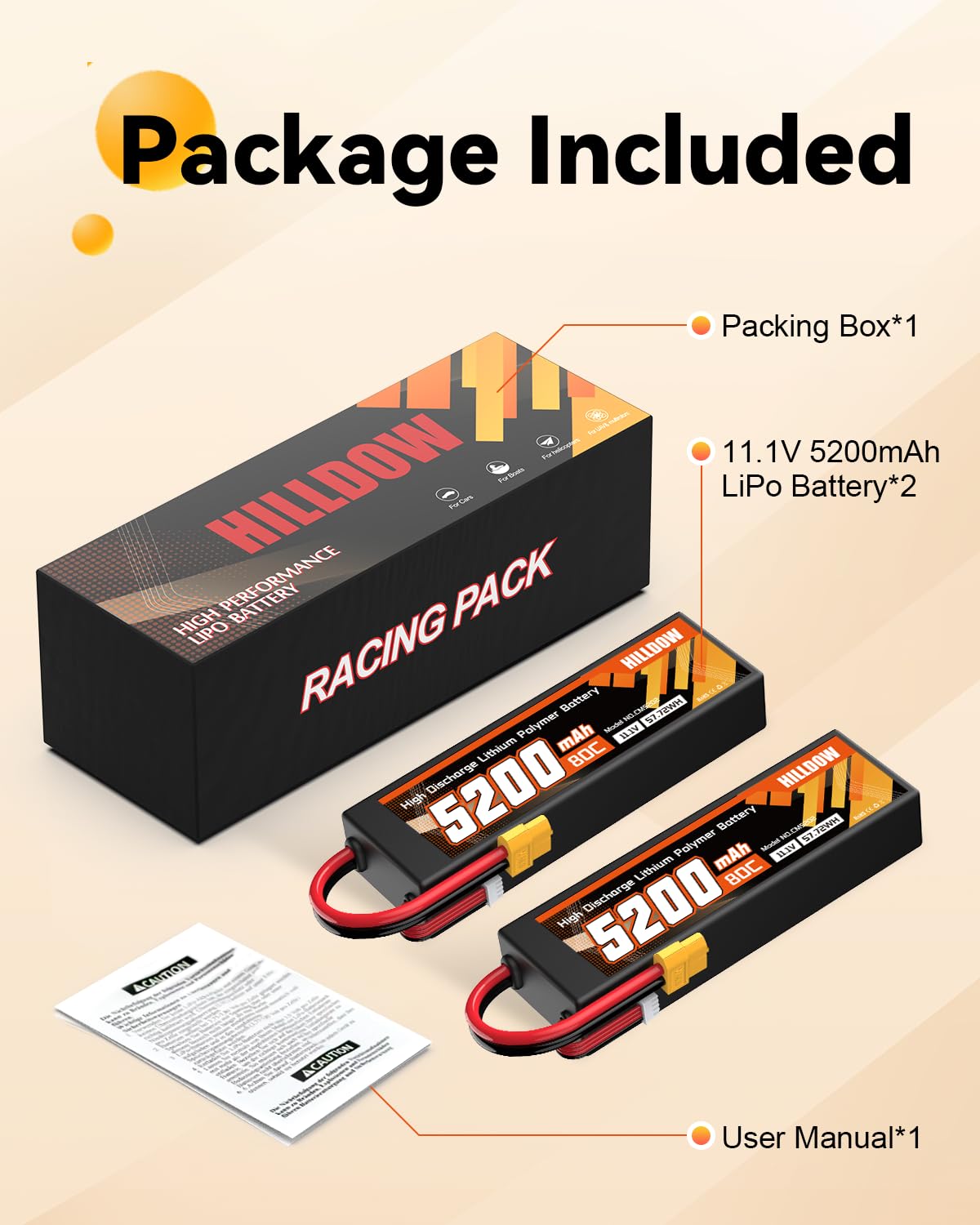Hilldow 5200mAh 11,1V LiPo-Akku 3S 80C 11,1V RC-Akku mit Hartschale und XT60-Stecker für RC-Fahrzeuge Autos und -LKWs (2 Packungen)