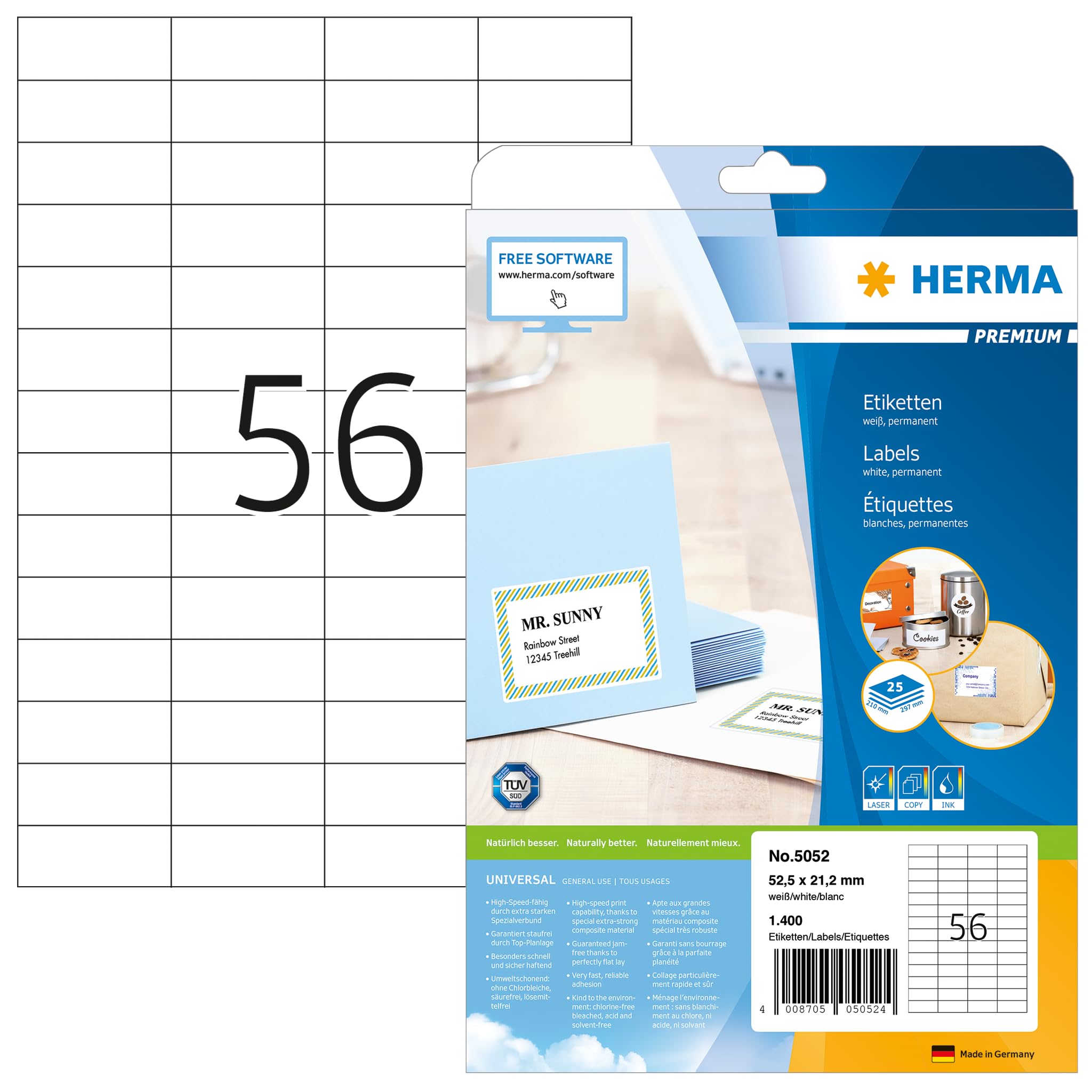 HERMA Self Adhesive Multipurpose Labels - 56 per A4 Sheet, 25 Sheets, 52.5 x 21.2 mm, 1400 Total, Blank Universal Stickers for Laser & Inkjet Printers, White