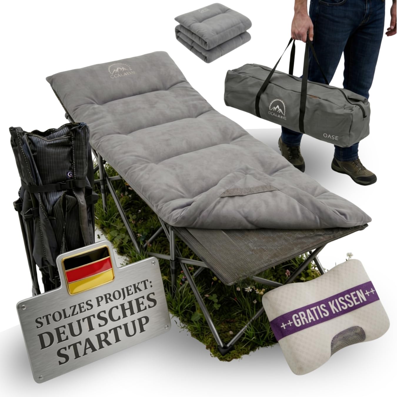 GOALPINE® OASE | Feldbett Groß mit Matratze [Wildtierleder Imitat] & Kissen | für Camping | klappbar | Campingbett XXL | als Gästebett und im Garten nutzbar | 1 Person bis zu 200 kg | extra breit
