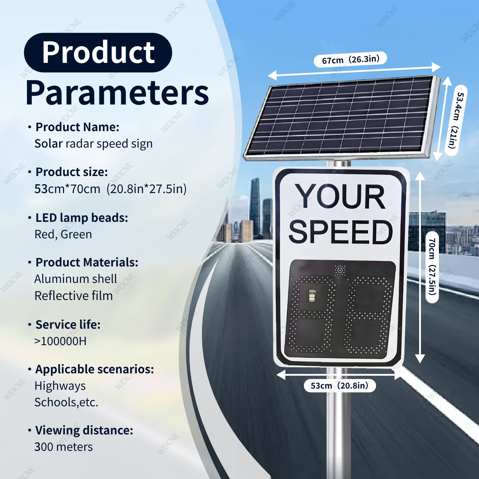 MIAOXIAOLONG 53 X70 Cm/ 60 X 90 Cm Señal De Velocidad con Radar Solar, con Detector De Velocidad, Juego Completo De Accesorios De Instalación Y Luz Intermitente De Copo De Nieve Yellow-53 * 70CM