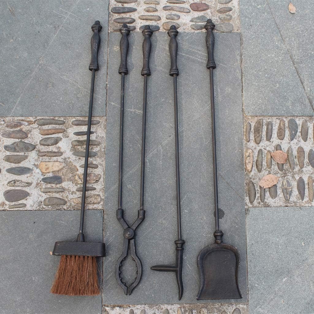 Fireplace Tools 5 Pieces Fireplace Tools Sets with Handles Wrought Iron Fire Tool Set for Indoor Fireplace and Outdoor Fire Pit(Poker Tongs Shovel Brush Bracket) Wrought Iron