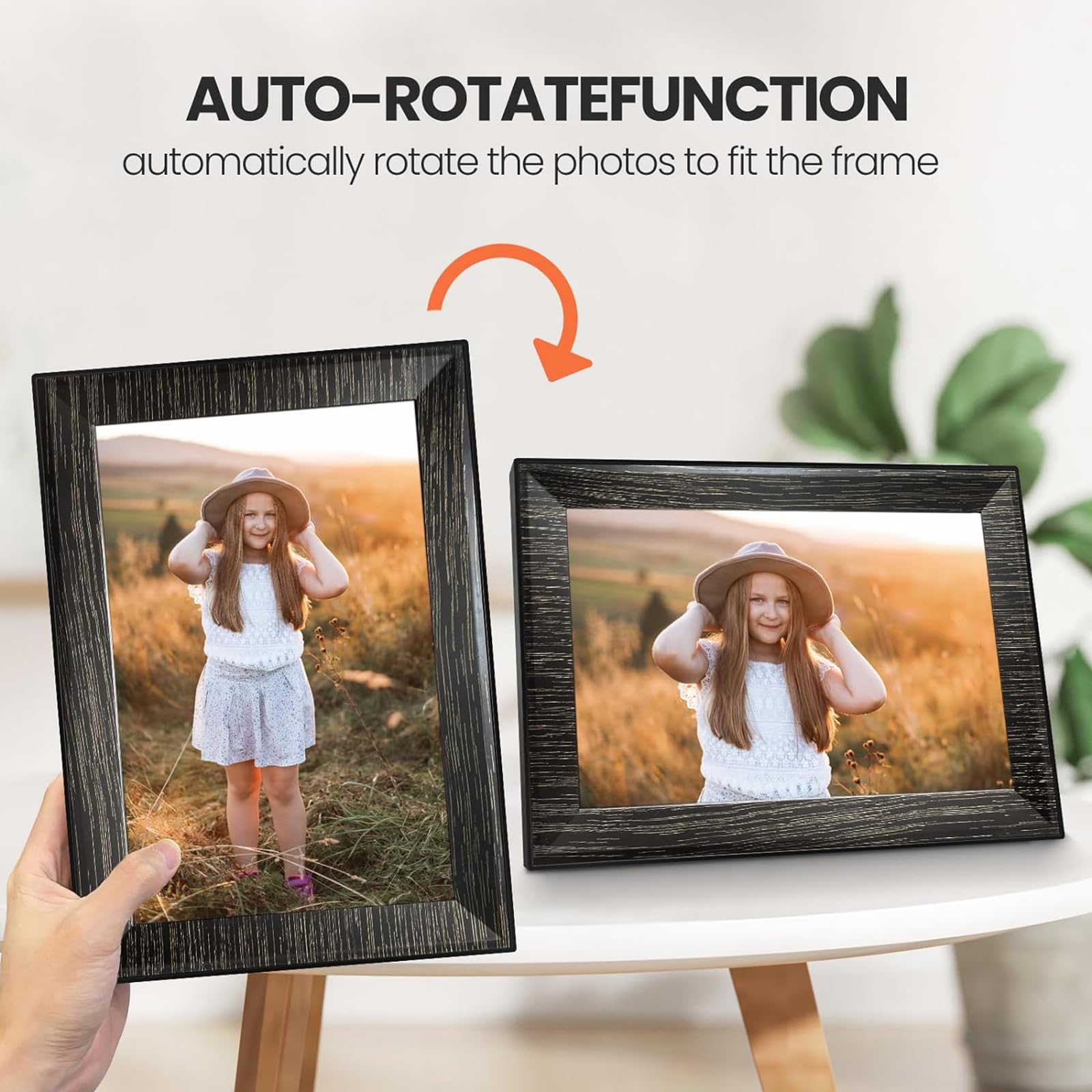 Cadre Photo Numérique WiFi 10,1 Pouces En Noyer – Écran Tactile HD, 32 Go, Partage Via App – Décoration Salon, Cadeau élégant