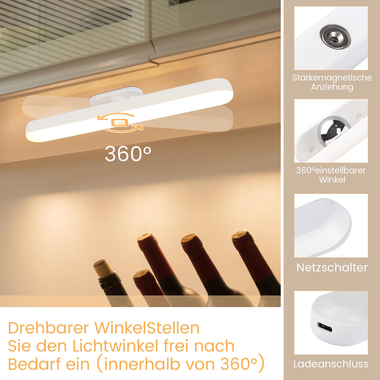 CBJKTX 6x Unterbauleuchte Küche LED Schrankbeleuchtung mit Bewegungssensor | - Küchenlampe USB Aufladbar Akku Nachtlicht Kabellos Schranklicht 24CM Magnet Innen Unterschrank Beleuchtung