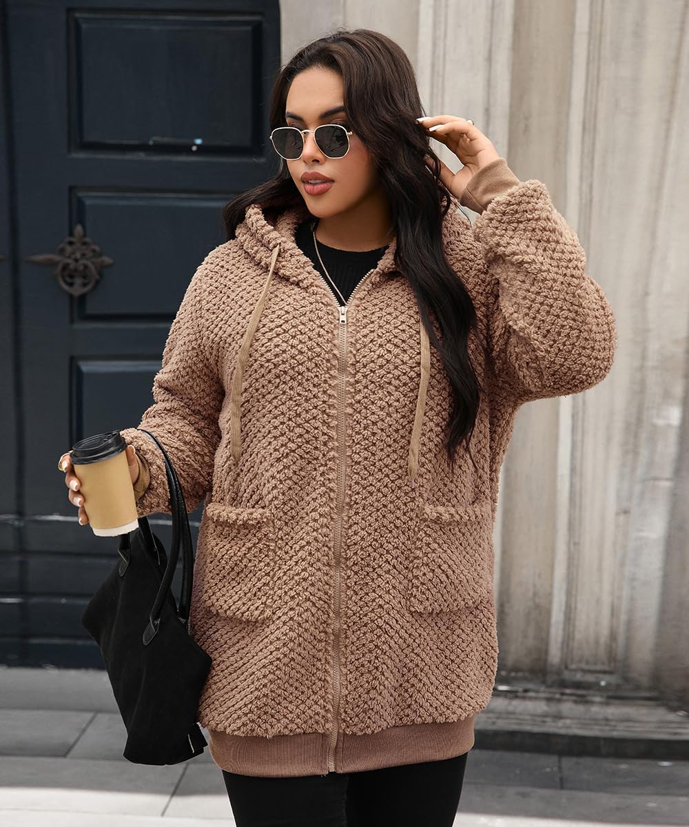 Women Mid-Long Fleece Zip Up Jacket Sherpa Hoodie Fuzzy Jacket Warm Winter Teddy Coat with Pockets