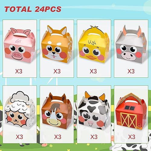 Miniatura 3 de Paquete de 24 cajas de recuerdo de fiesta de animales de granja, cajas de regalo de dulces para fiestas de cumpleaños de niños, 8 diseños