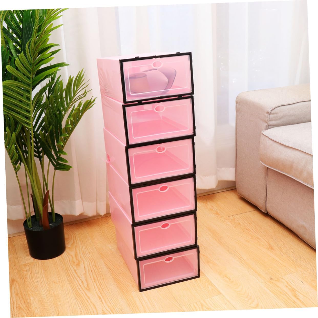 6pcs Thickened Stackable Shoe Storage Box Plastic Organizer Door Pink and Black Design for Sneakers for Closets and Entryways