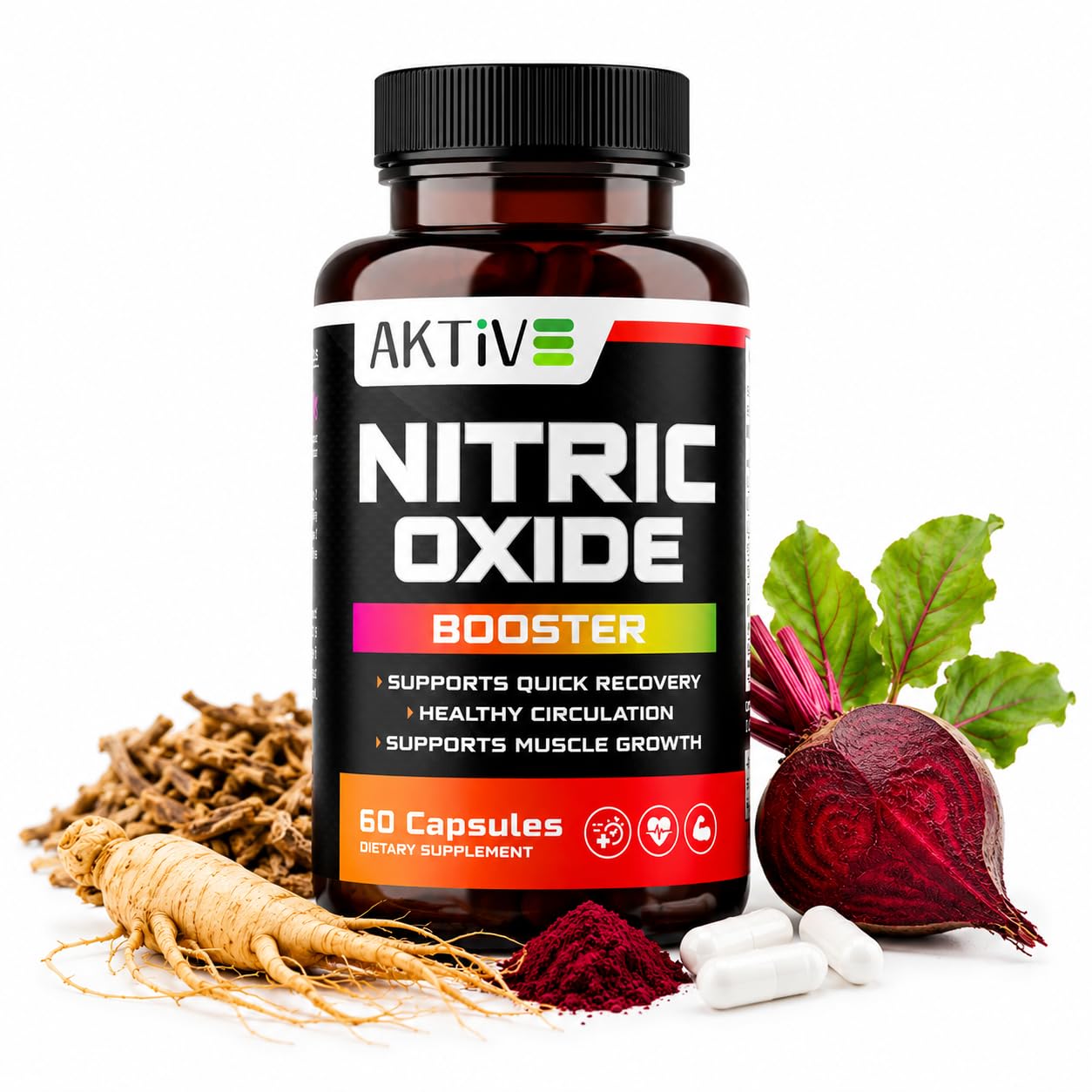 Aktive Supplements Suplemento de Óxido Nítrico com L-Arginina, L-Citrulina e Raiz de Ginseng, 60 cápsulas