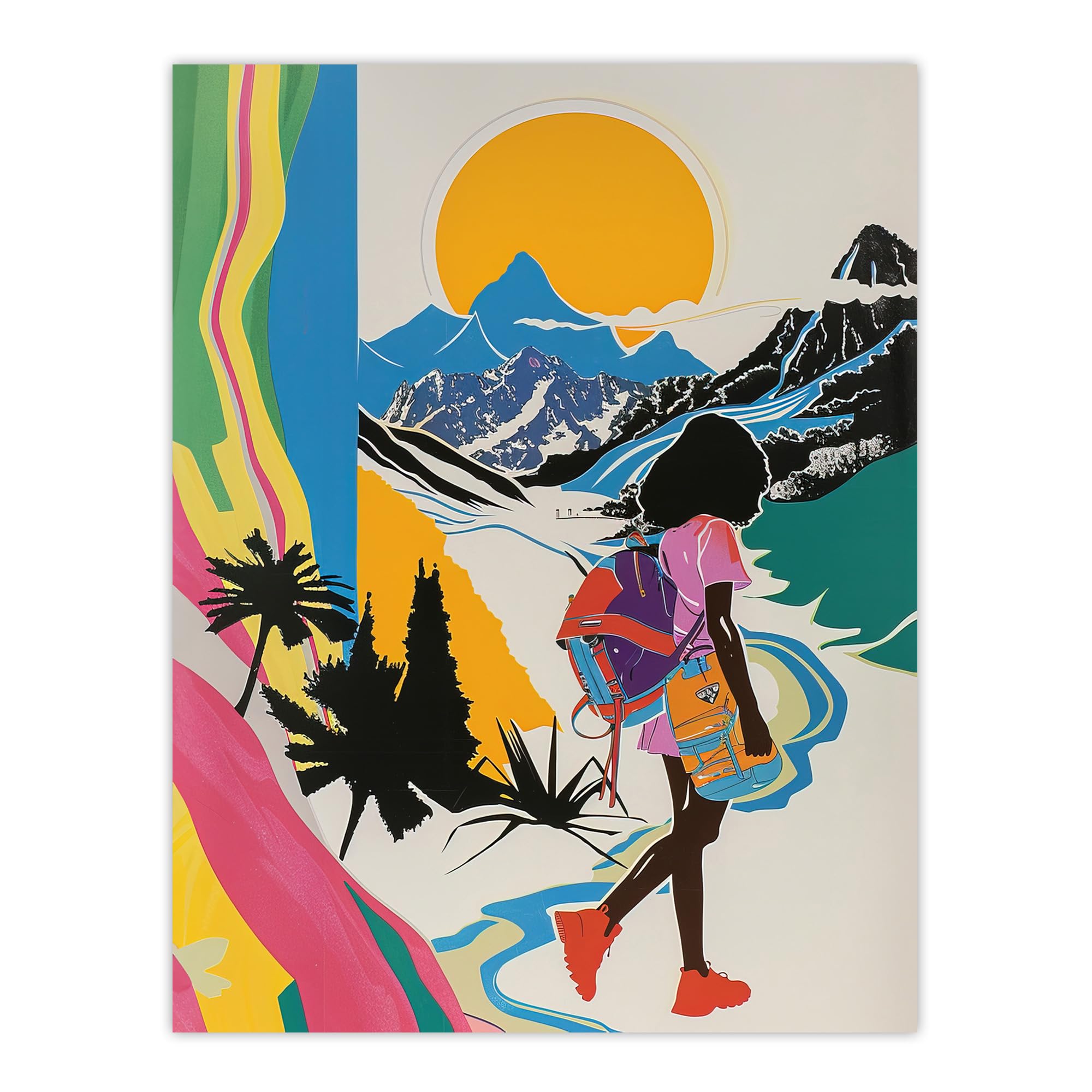 Artery8 Hiker Bright Sun Mountains Abstract Colourful Living Room Extra Large XL Wall Art Poster Print