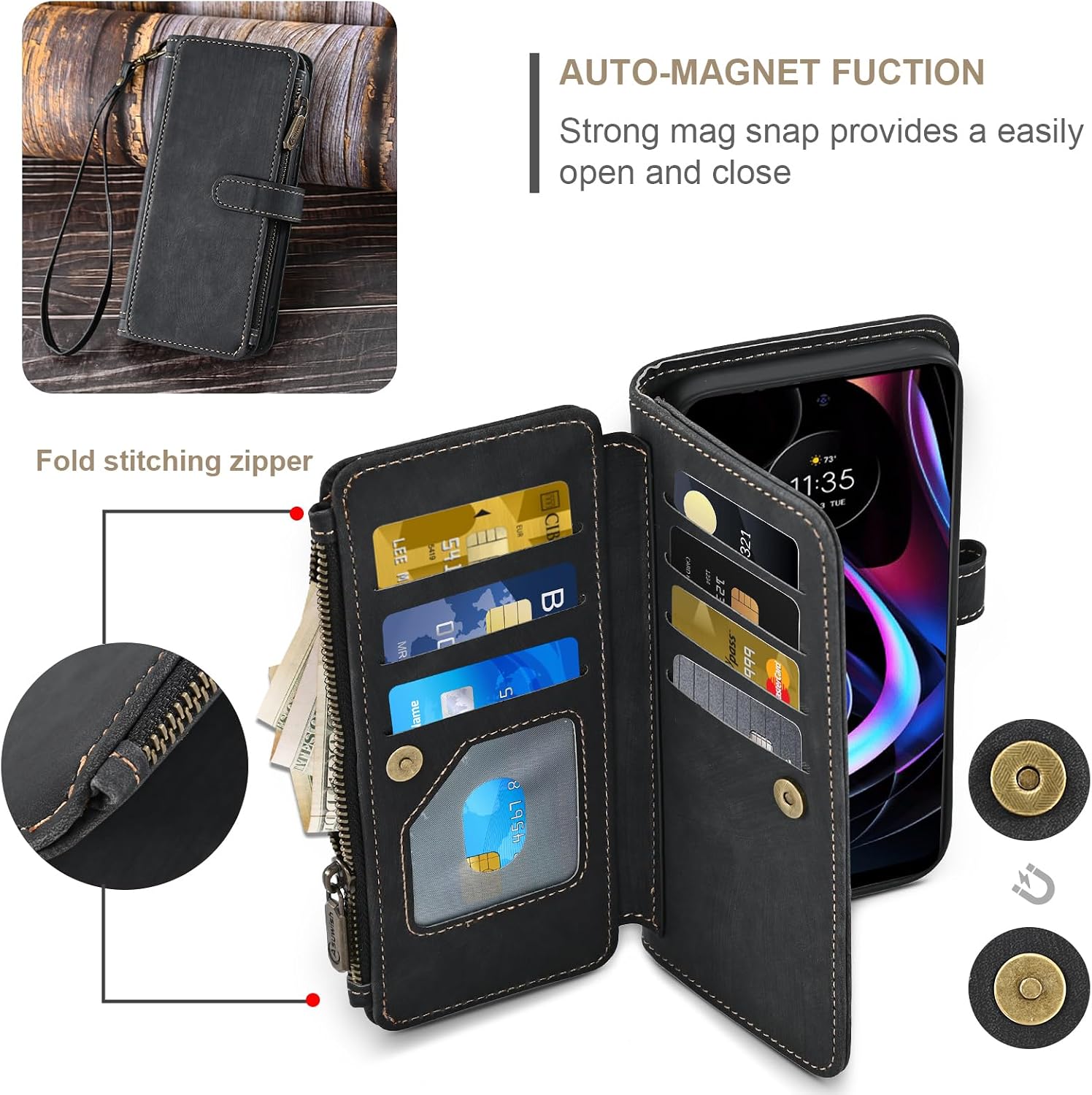 Asuwish Phone Case for Motorola Moto Edge 2021/MotoEdge 5G UW 2021 Wallet Cover and Tempered Glass Screen Protector Leather Flip Credit Card Holder Stand Slot Cell Accessories XT2141-1 Women Men Black