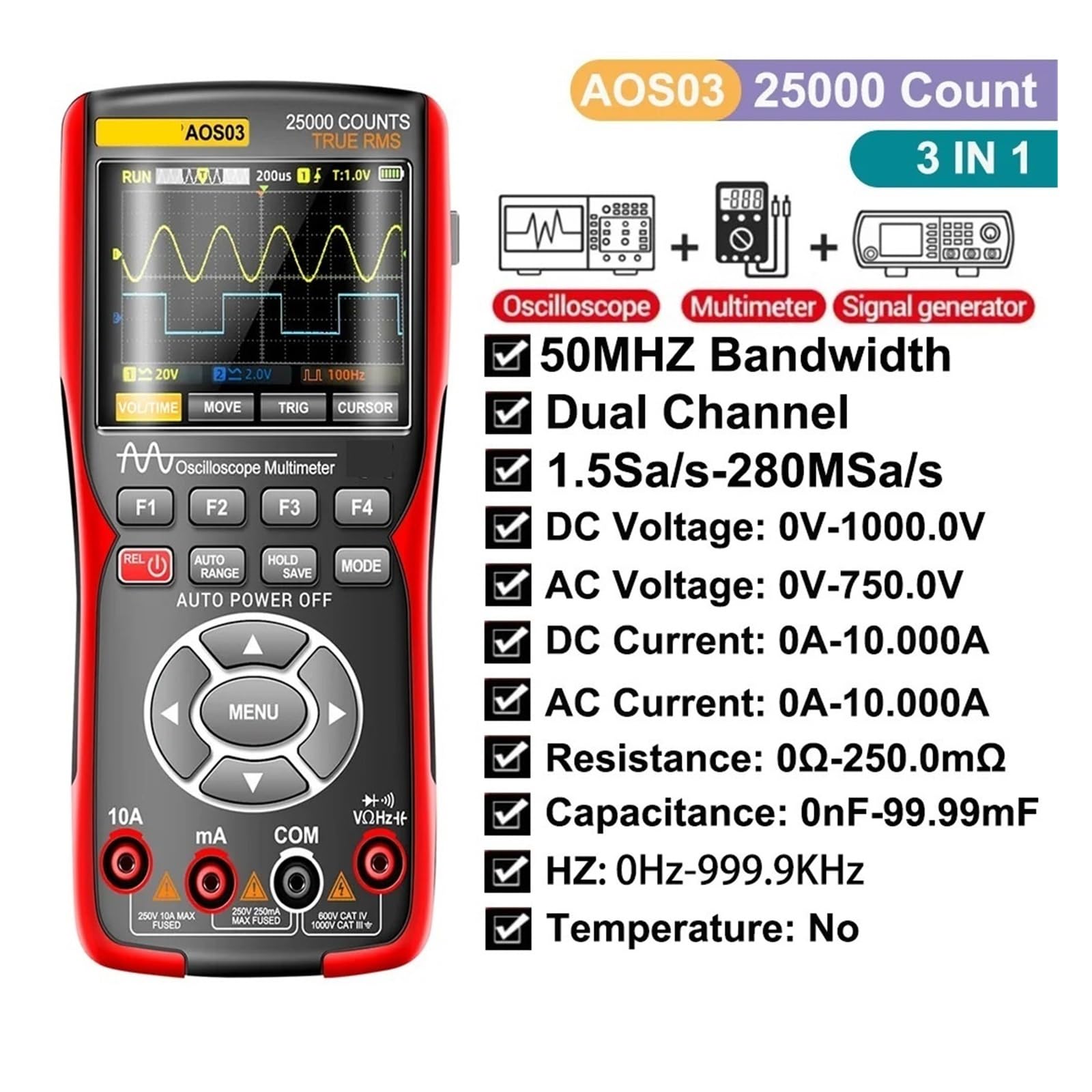 Professional Digital Oscilloscope Multimeter, 10MHz/50MHz Waveform Output Hub Instrumento de medida(AOS03)