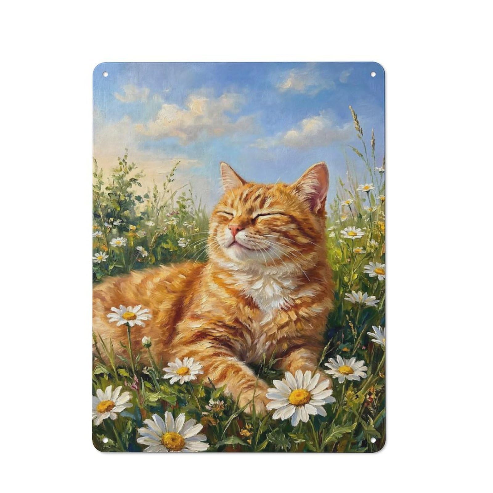 Junmoney Style-3 Orange Cat In A Field Flower Tin Wall Plaque 40X30cm, Barn Style Rustic Kitchen Decor For Farmhouse Kitchen, Pantry Or Dining Area