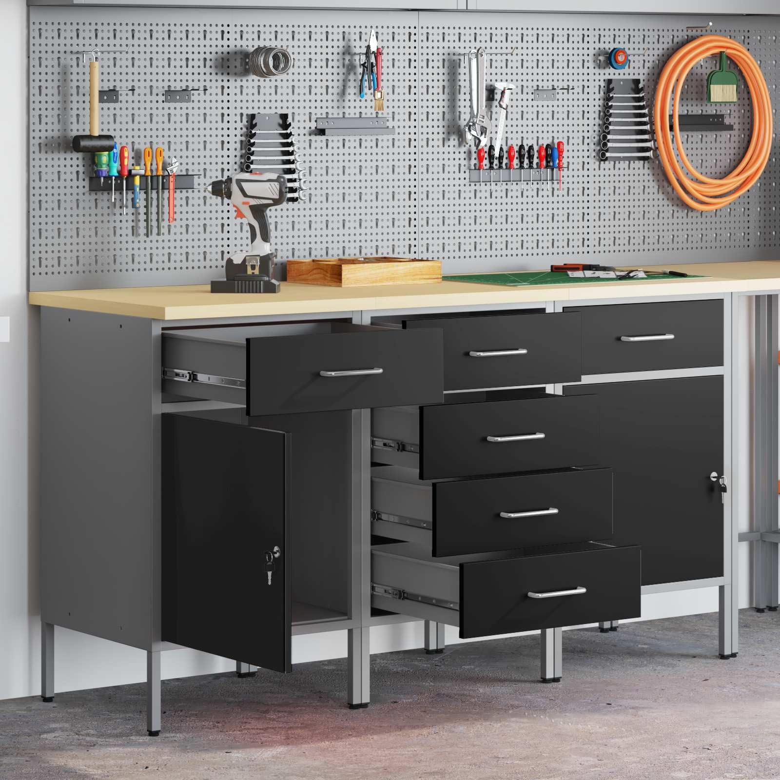 Banco de trabajo con cajones negro y gris, 150 x 55 x 85 cm, armario de madera de acero resistente con 6 cajones, ideal para taller, garaje, sala de ocio