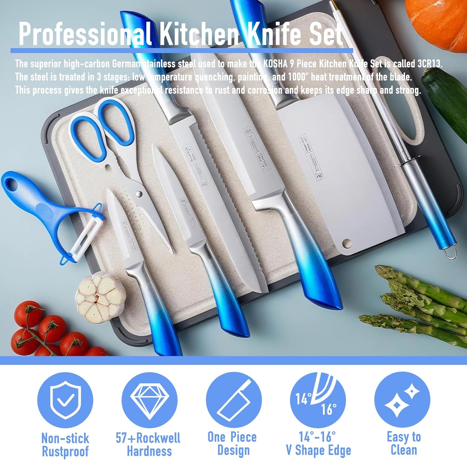 KOSHA Kitchen Knife Set, 9 Piece Knife Set with Block, High Carbon Stainless Steel Knife Set for Kitchen, Sharp Chef Knives Block Set with Sharpener, Rust Proof, Non-Stick Coated Knife