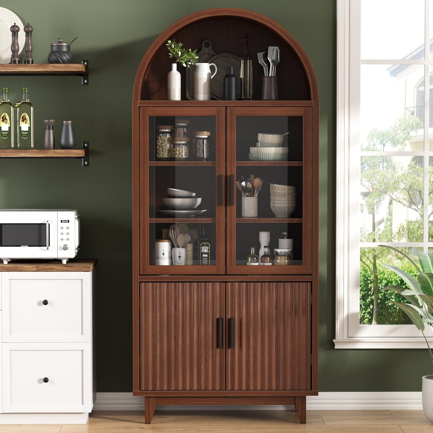 Kitchen Pantry Cabinet with Glass Doors - Arched Design, Solid Wood Legs, Artistic Fluted Door, Adjustable Shelves, 70.8" Curved Storage Cabinet for Kitchen, Dining Room