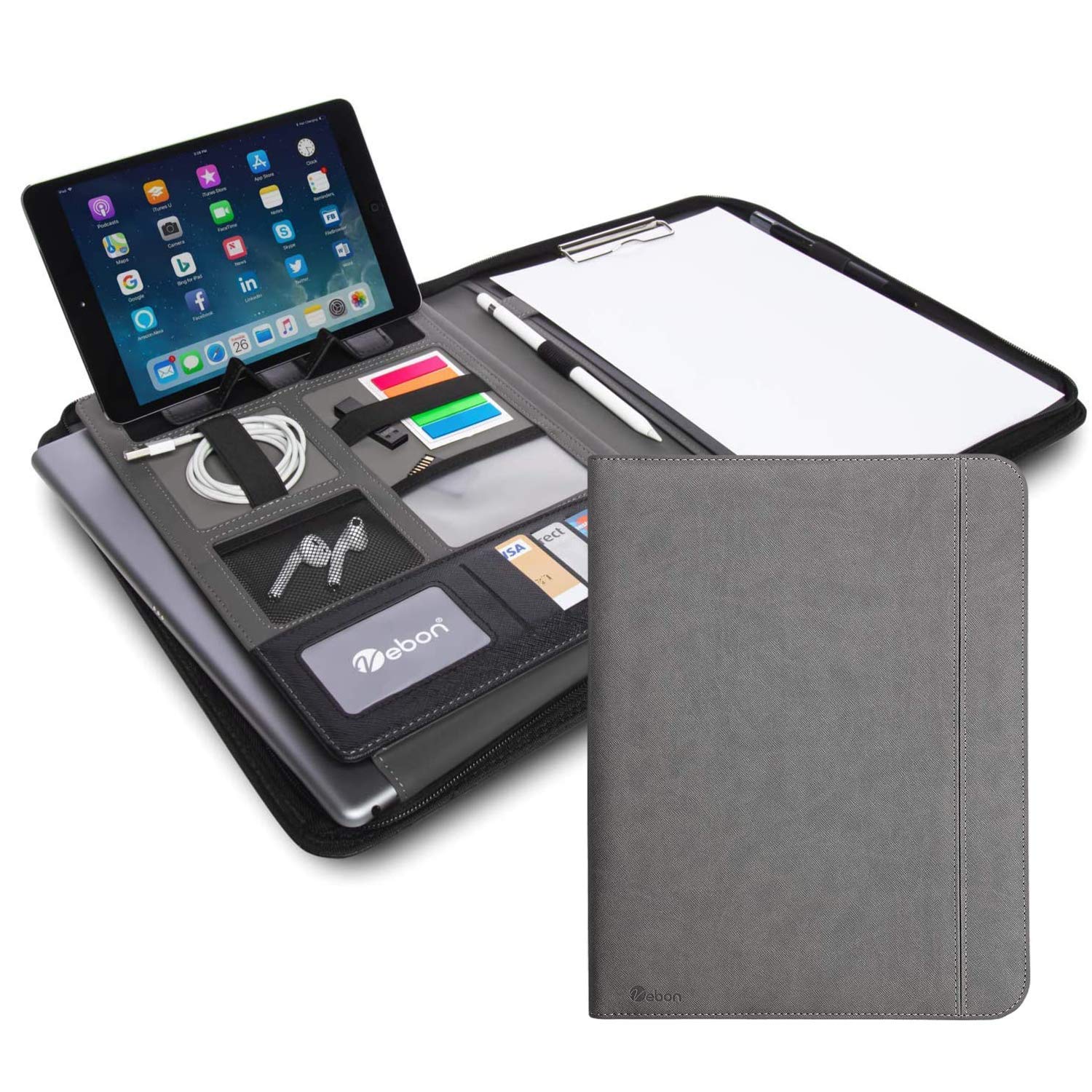 Vebon London Teczka konferencyjna formatu A4, z wegańskiej skóry, z zamkiem błyskawicznym, jako teczka na dokumenty i torba na laptop 2 w 1, z uchwytem na smartfon i podkładką z klipsem, szary fantomowy,