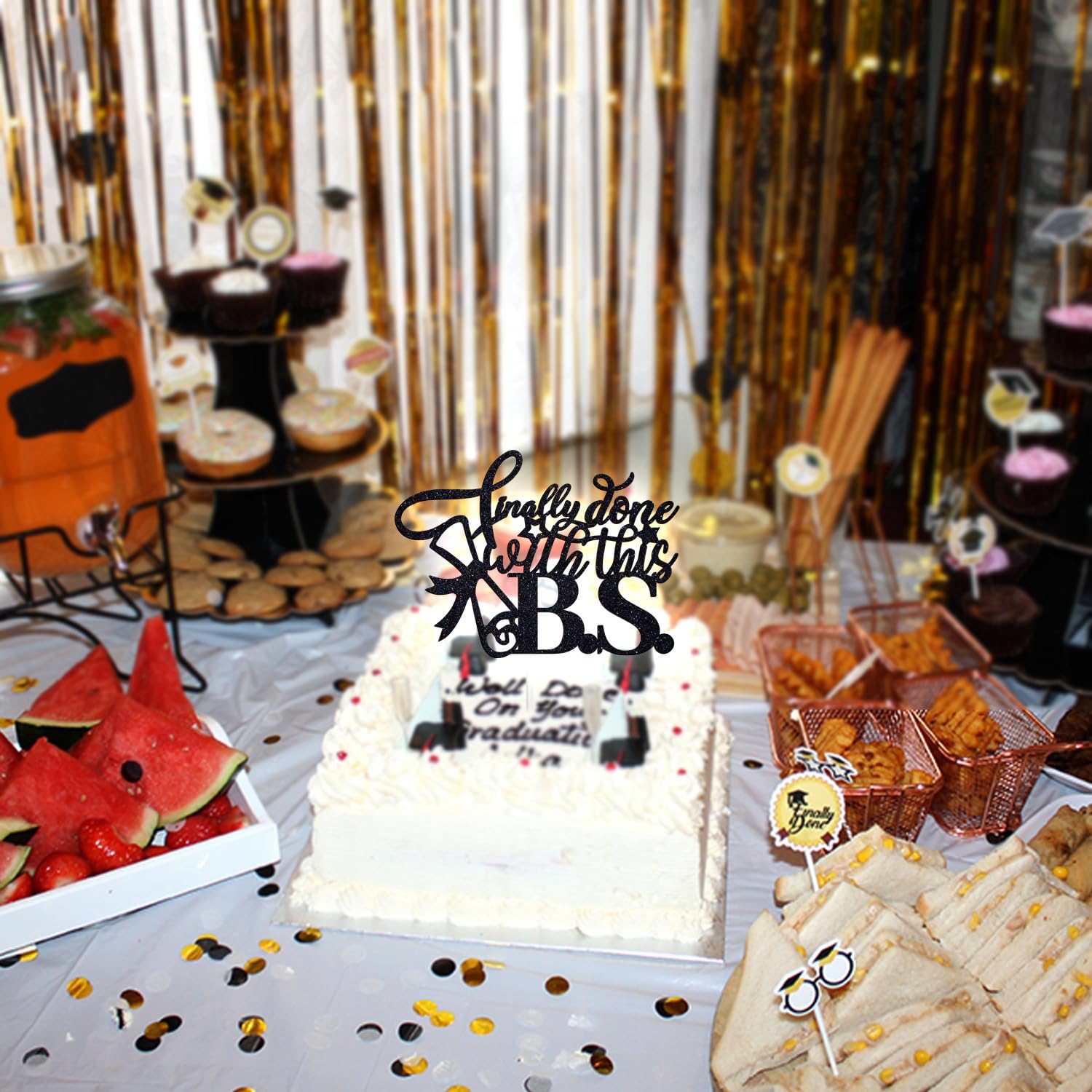 "Finally Done With This B.S." Cake Topper - Black Glitter Graduation Decor For Class Of 2025