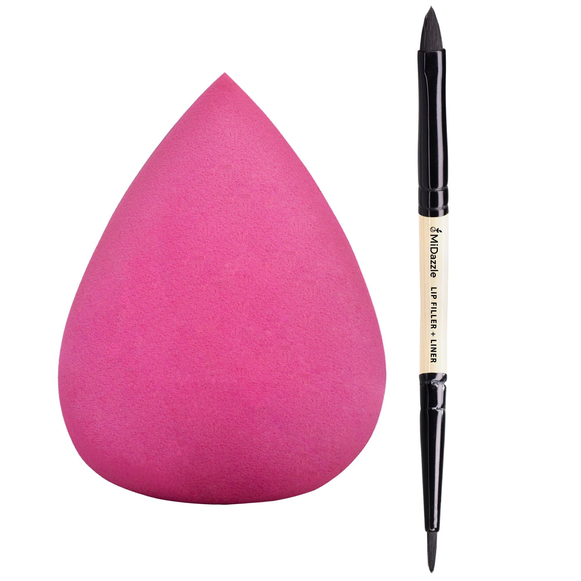 Midazzle Makeup Sponge and Wooden 2-in-1 Lip Brush Set, Beauty Blender with Lip Filler and Liner Brush, 2 Pieces