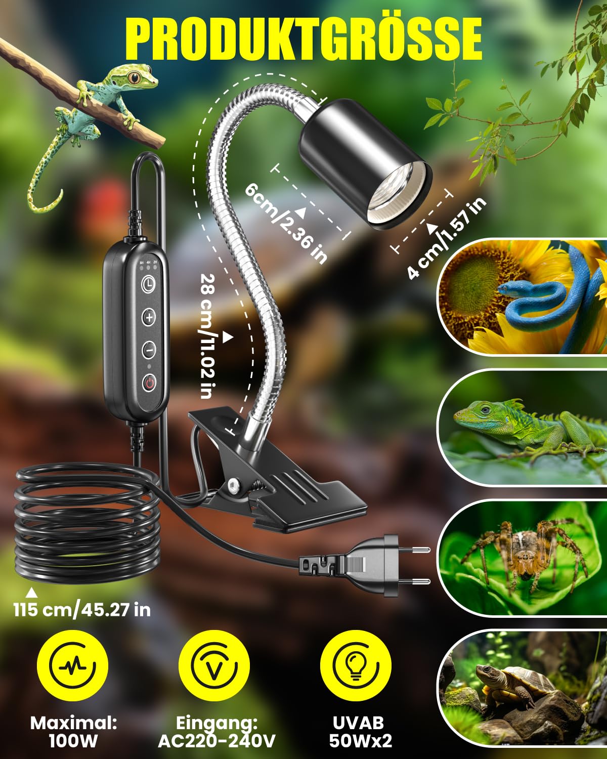 Schildkröte Wärmelampe Terrarium, Reptilien WäRmelampe 50W UVA/UVB Lampe Terrarium mit Timer und Clip E27 Lampenfassung für Schildkröte Spinne Eidechse Schlange Amphibien(2 Birnen enthalten)