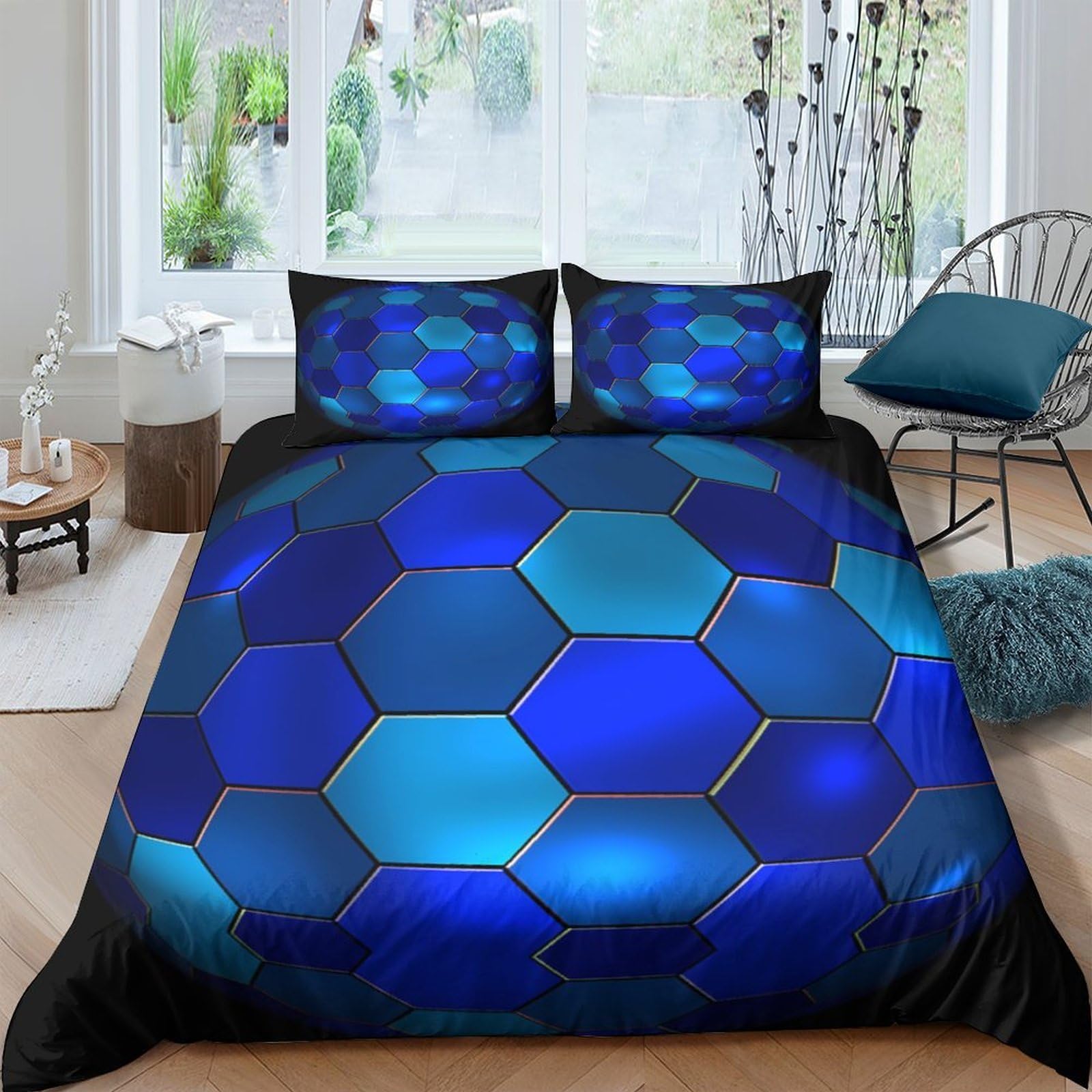 GPLZQXKJNH 3D Printed Blue Hexagon Duvet Cover Microfiber Soft Breathable Futuristic Geometric Bedding Set with 2 Pillowcases for Bedroom Home Decor Single（135x200cm）