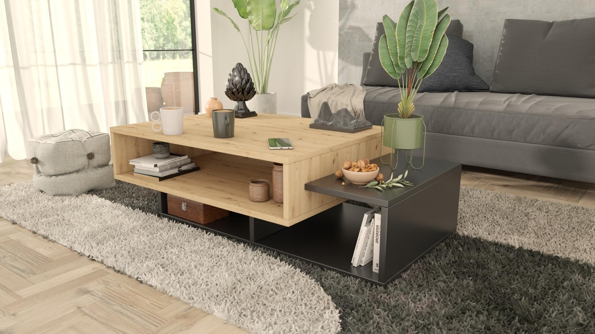 MATKAM Couchtisch SARA, H34 x B100 x T50 cm, Perfekt für Moderne und Klassische Innenräume, einfache Montage (Artisan Eiche-Schwarz)