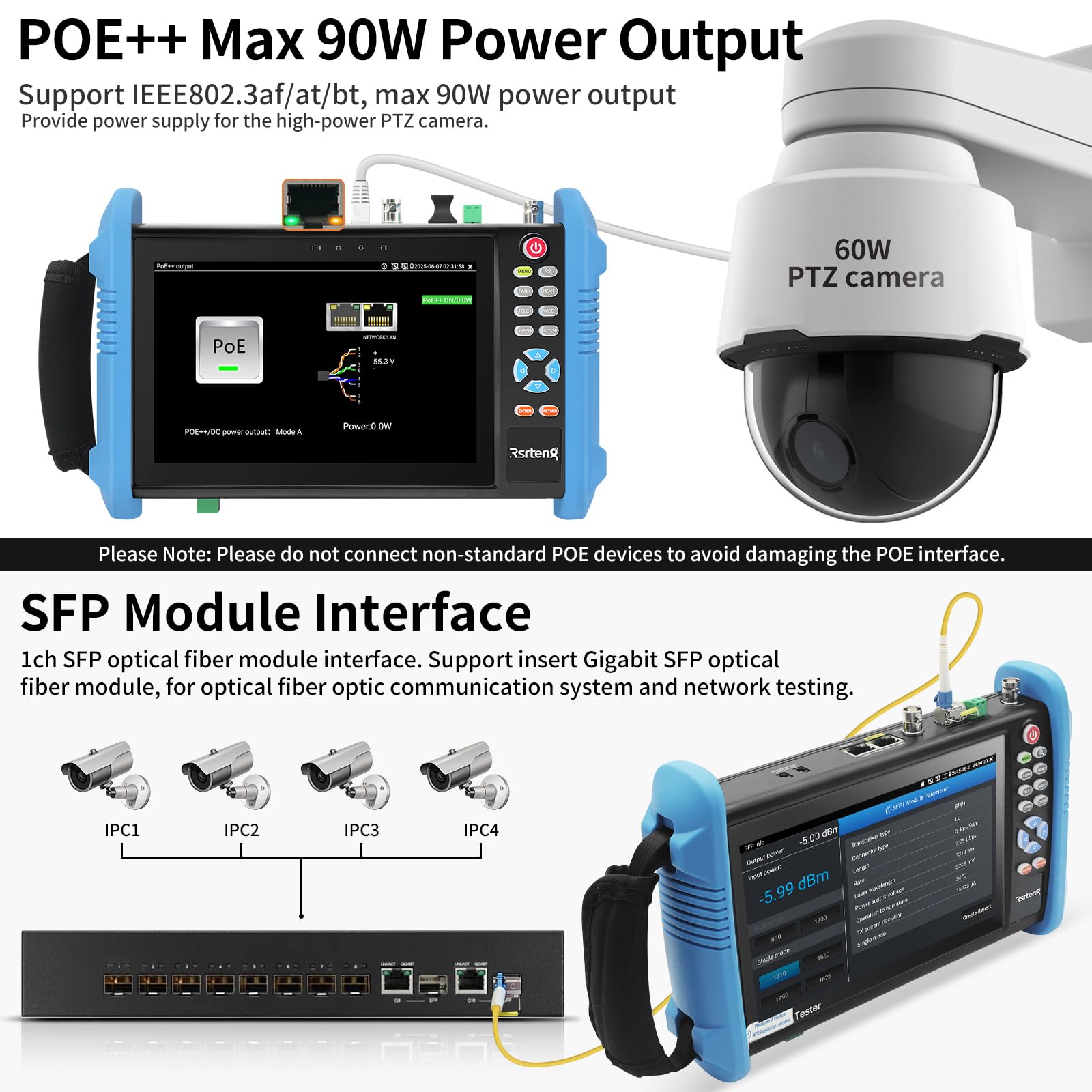 Henkion CCTV Tester 8K 32MP 4K 12MP IP Camera Test con POE++ max 90W, 8MP TVI CVI AHD CVBS CCTV Camera Monitor, interfaccia 1CH SFP, test IPC WiFi Tester di rete strumenti di uscita HD I/O VGA
