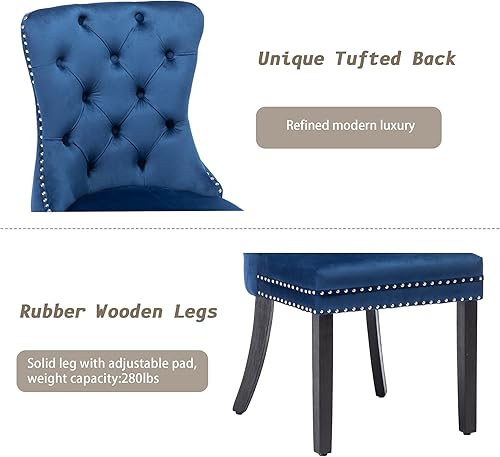 Miniatura 7 de KCC Nikki Collection - Juego de 2 sillas de comedor de terciopelo tapizadas de alta gama con anillo trasero de clavo, patas de madera maciza, estilo