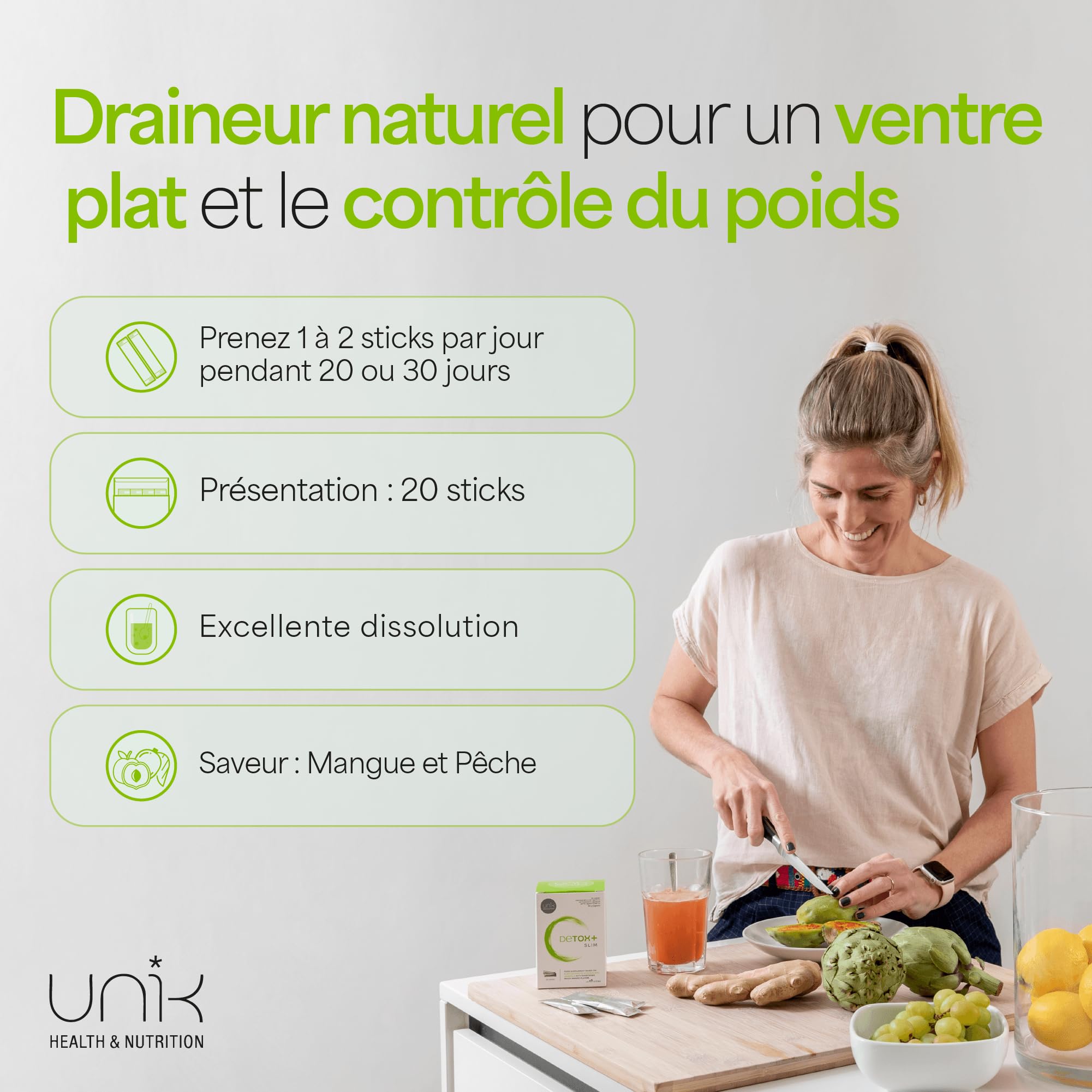 Detox Foie et Colon Puissant et Rapide avec Chardon Marie + Artichaut + Cactinéa + Raisin + Gingembre – Complément Détox Foie & Bien-être Global Cure Detox - 20 Sticks Goût Mangue | UNIK