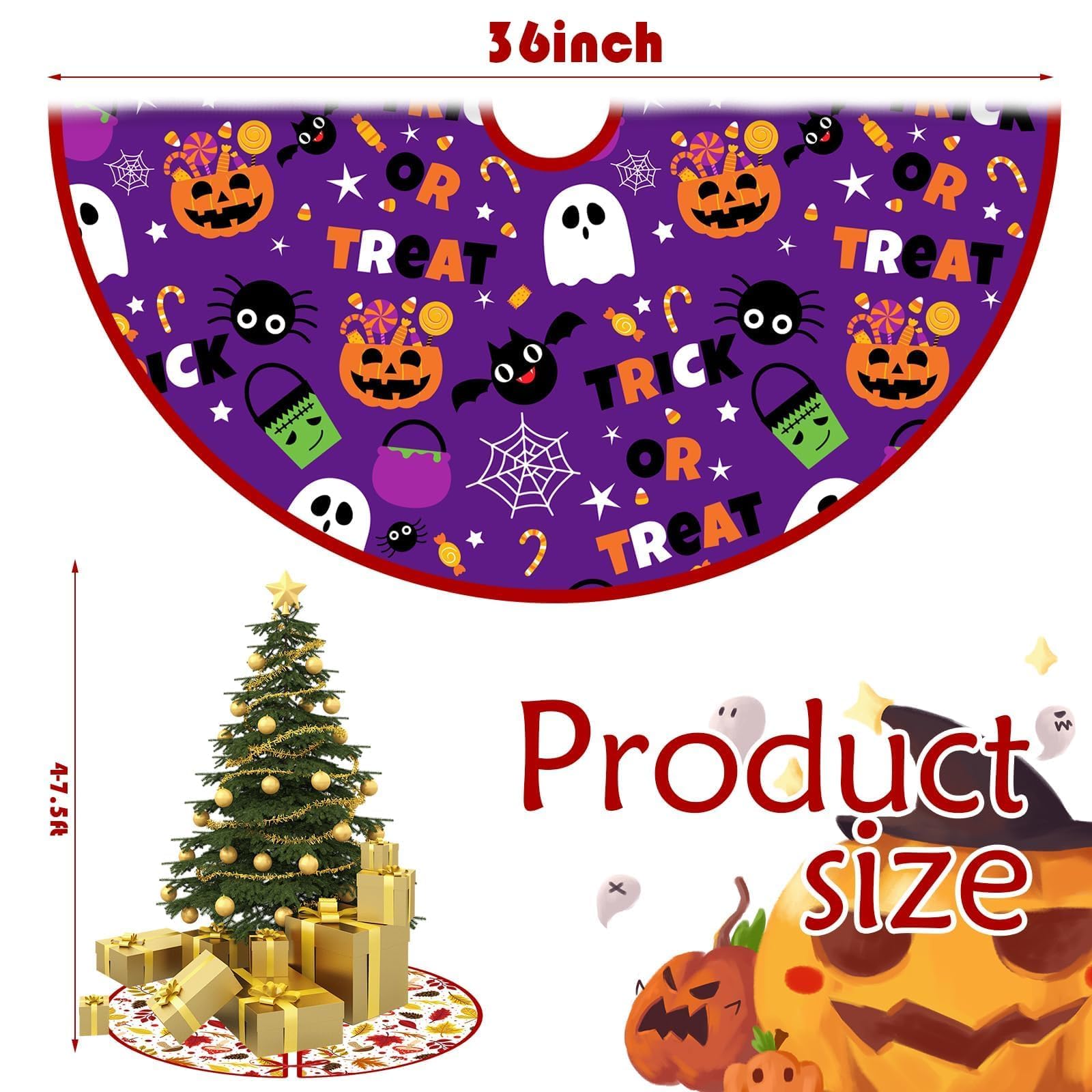 Fall Tree Skirt Halloween 36 Inch Reversible Thanksgiving Day Double Sided Print Mat Christmas Party Supplies for Home Tabletop Trees Holiday Decoration (Fall/Halloween)