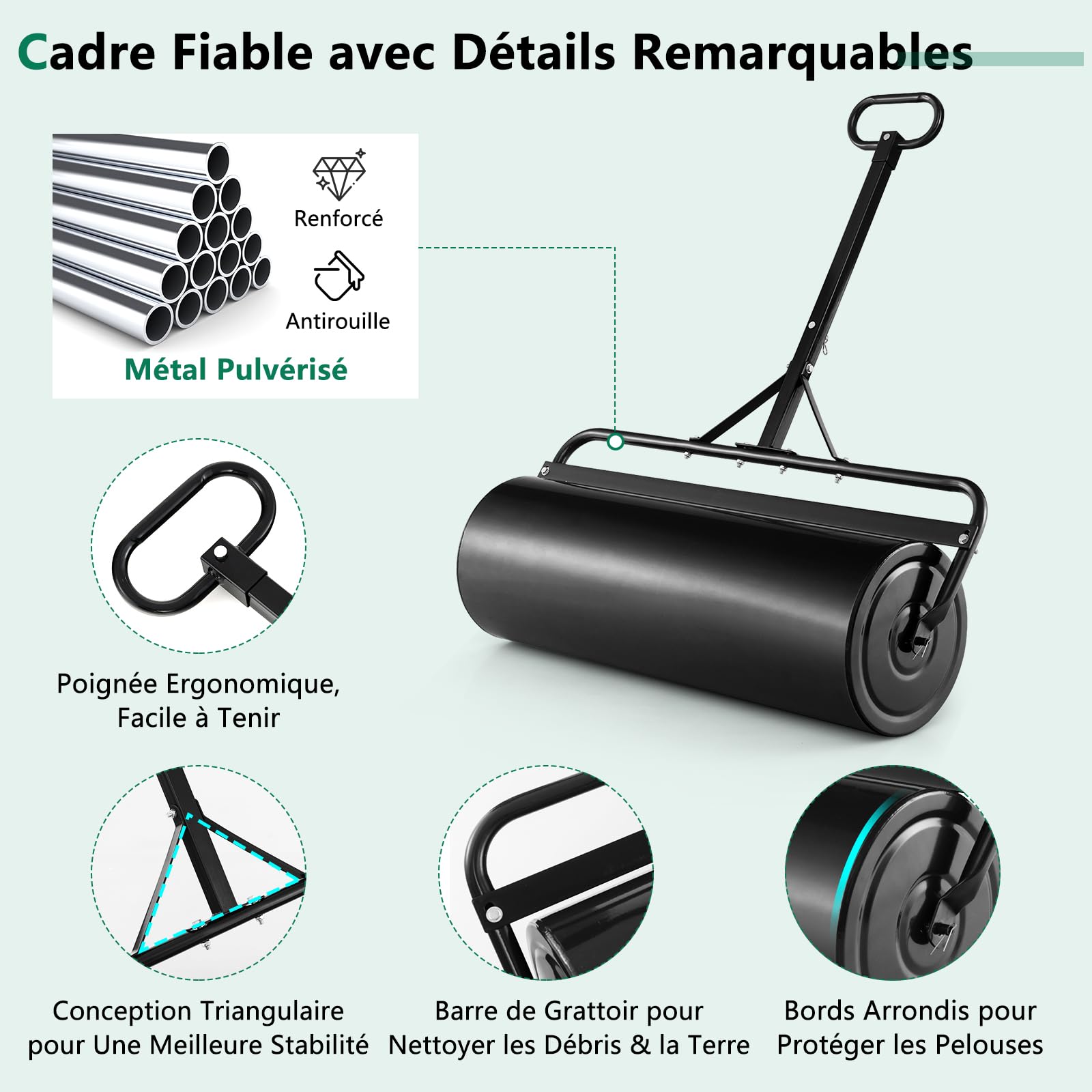 RELAX4LIFE Rouleau à Gazon en Fer avec Réservoire pour Jardin, Volume de Remplissage de Sable ou l’Eau : 113 L, φ40cm, Largeur 99 CM, Hauteur : 146 CM (113L-Noir)