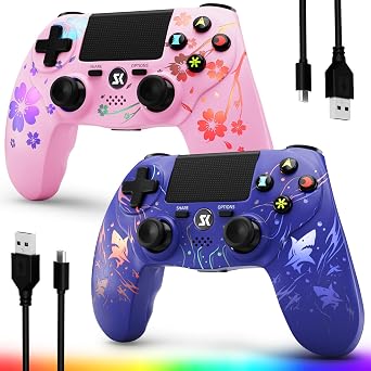 CHENGDAO 2 Pack for PS4 Controller, Wireless Controller for PlayStation 4/Pro/Slim/PC, Adjustable RGB Light, 1000mAh Battery, Speaker & 3.5mm Audio Jack, Purple + Pink