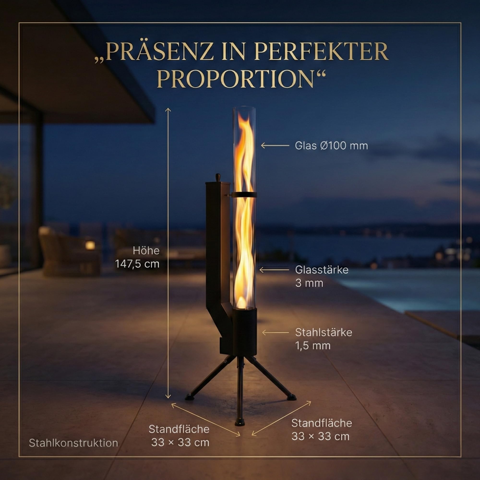 Albatros Torche à granulés de qualité supérieure - Noir - Poêle fusée pour le jardin - Avec tuyau de feu en verre - Chauffage de terrasse - Foyer d'extérieur sans électricité - Jusqu'à 2 heures de