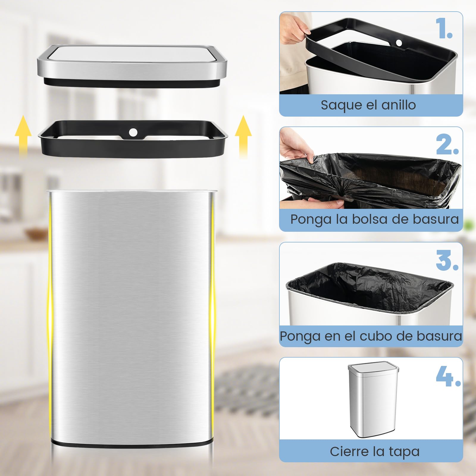 COSTWAY Cubo de Basura Cocina de 50L, Papelera Cocina Rectangular con Sensor de Movimiento Infrarrojo con Tapa de Cierre Suave, Cubo de Basura Automático para Cocina, Baño, Oficina, 39 x 29,5 x 82 cm